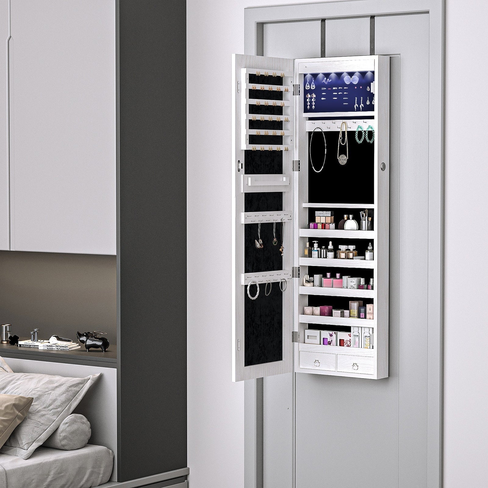 HOMCOM Jewelry Cabinet with Mirror and LED Lights, Lockable Makeup Cosmetics Jewellery Organiser, Mirror with Storage for Bedroom Dressing Room, White