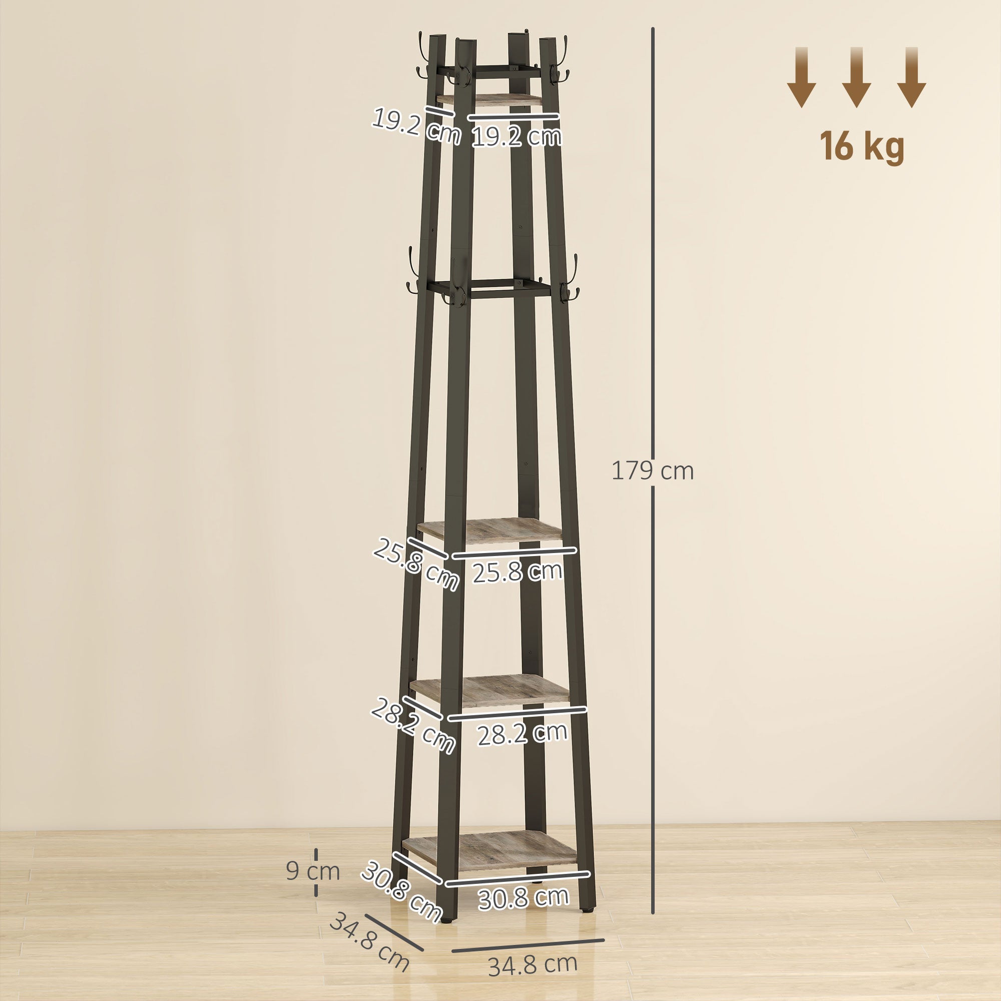 HOMCOM Industrial Coat Stand with 8 Hooks and 4 Shelves - Grey