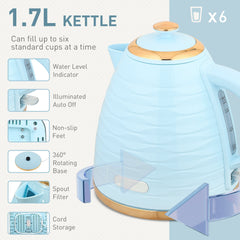 HOMCOM 3000W 1.7L Kettle & 4 Slice Toaster, Kettle and Toaster Set with 7 Browning Controls and Crumb Tray, Light Blue