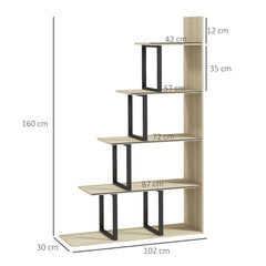 HOMCOM 5-Tier Bookcase, Wooden Ladder Bookshelf Display Stand, Oak