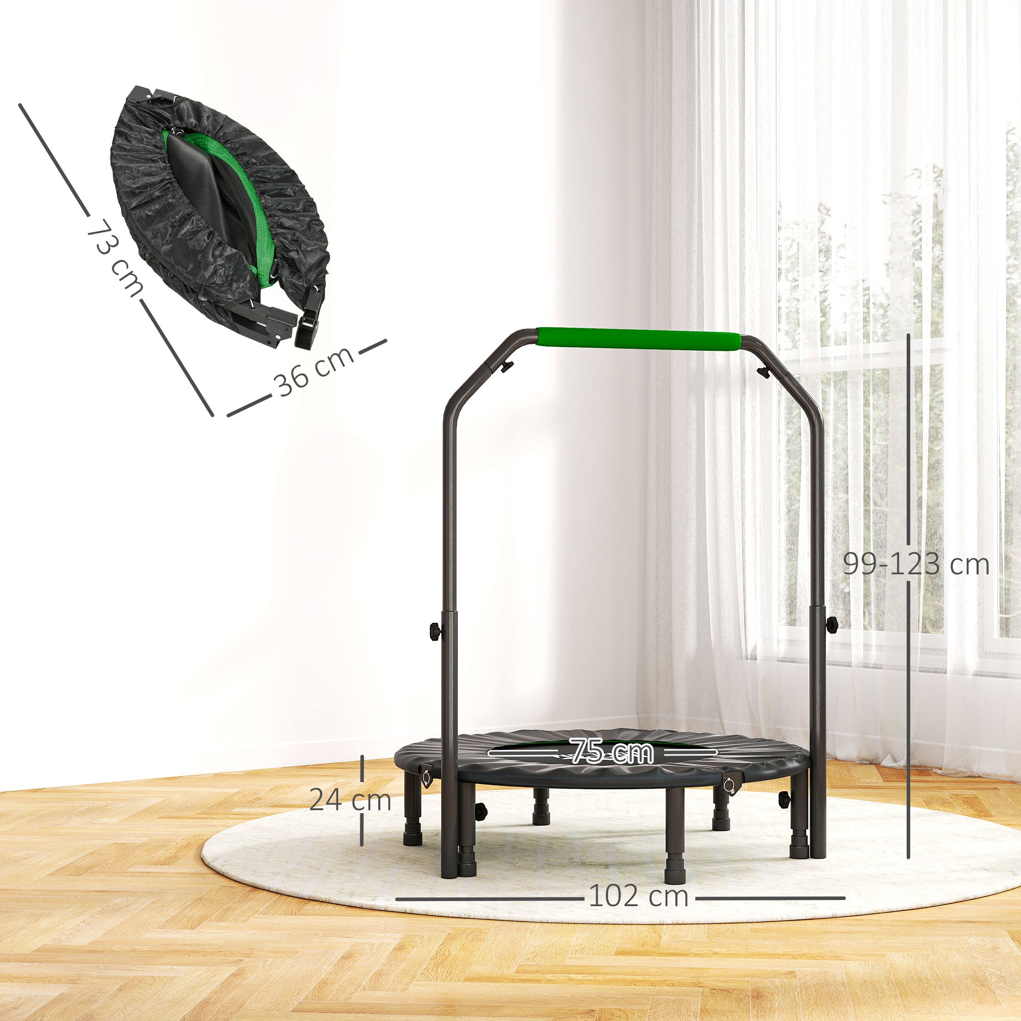 HOMCOM 40" Foldable Mini Fitness Trampoline, with Adjustable Foam Handle, Green
