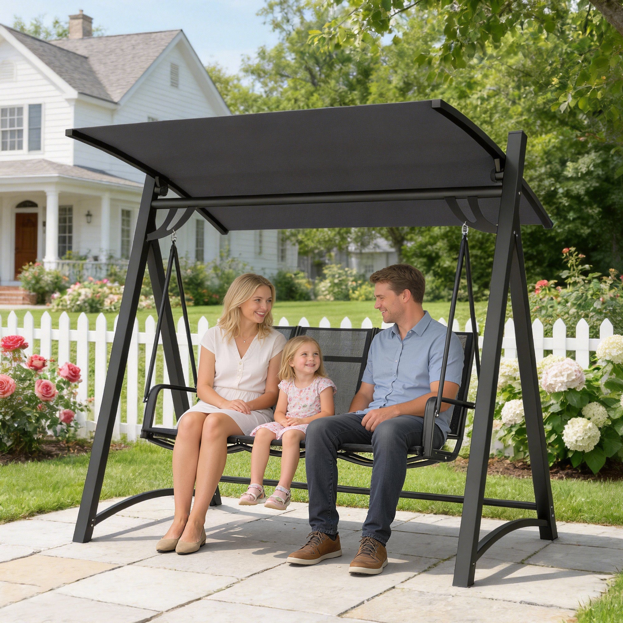 Outsunny 3 Seater Swing Chair, Garden Swing Bench with Adjustable Tilting Canopy, Breathable Mesh Seat 360 kg Capacity, Grey