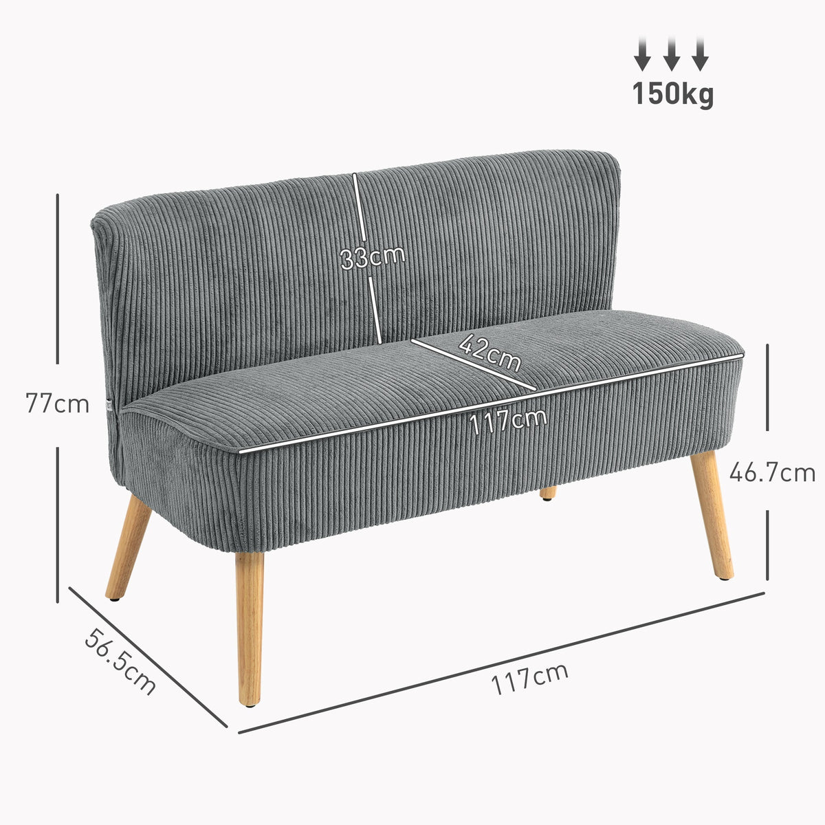 HOMCOM Modern Corduroy Double Seat Sofa w/ Wood Frame Foam Padding High Back Soft Comfortable Compact Couch Grey