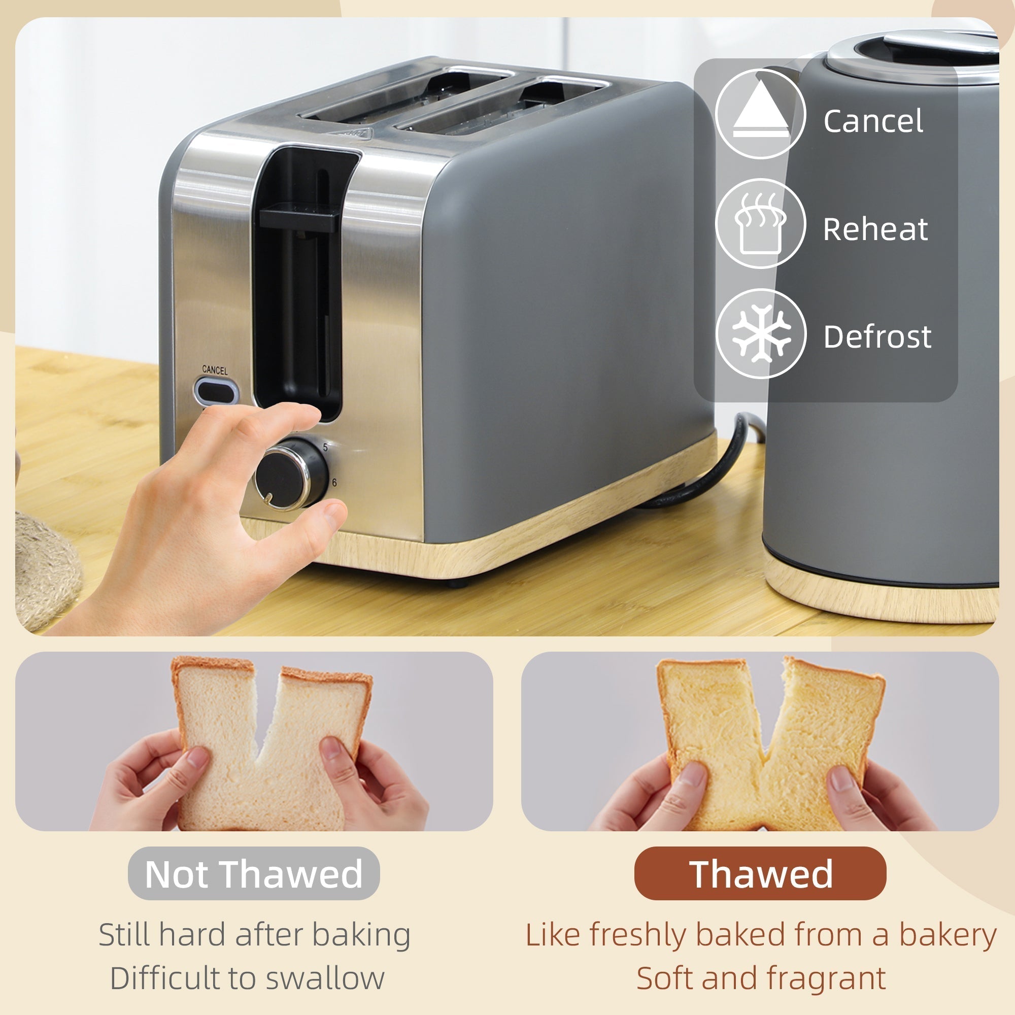 HOMCOM Stainless Steel Kettle and Toaster Set, 1.7L 3000W Fast Boil Kettle & 2 Slice Toaster Kitchen Set with 7 Level Browning Controls, Defrost, Reheat, Auto Off, Boil-dry Protection, Grey
