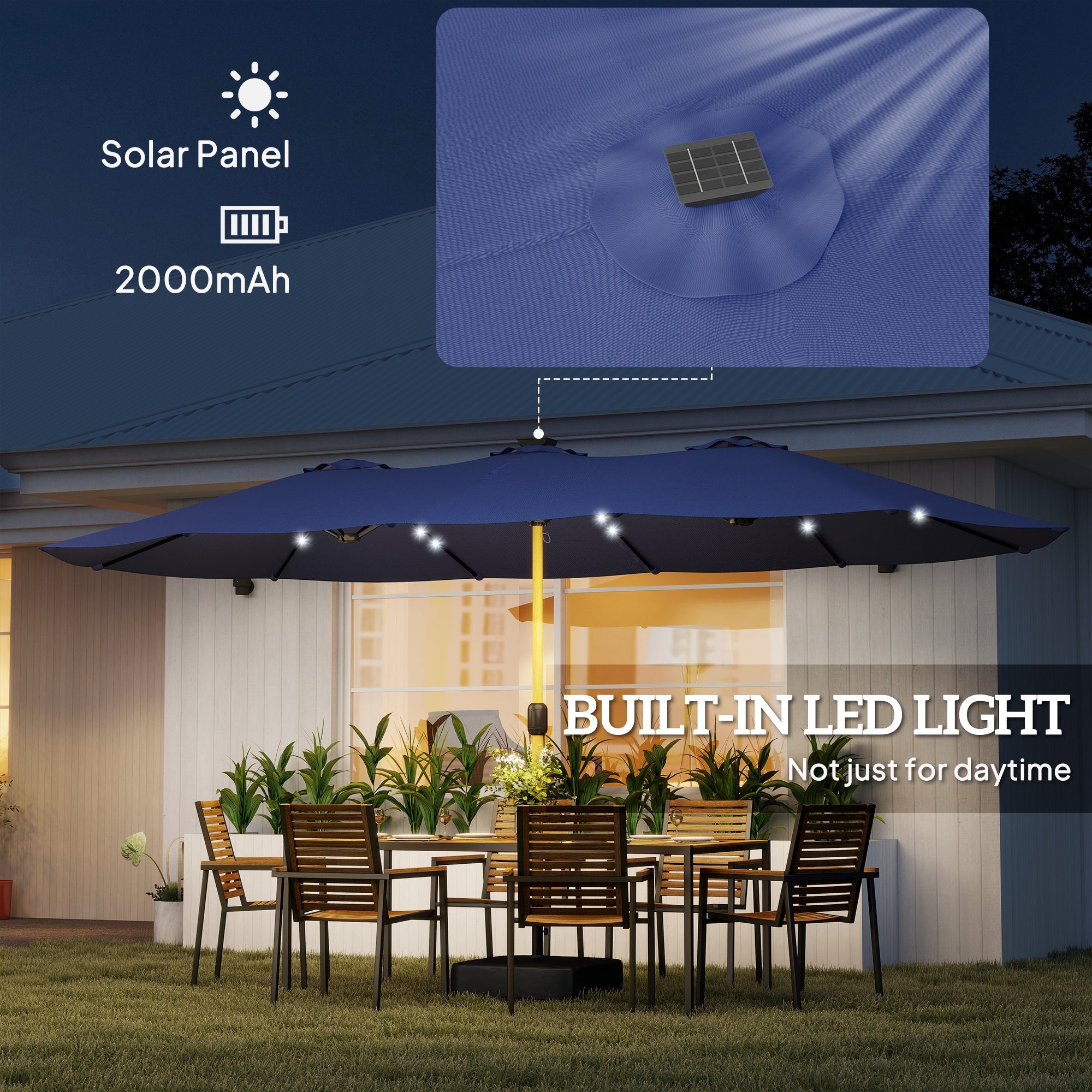 Outsunny Double Sided Garden Parasol with Base Included & 48 Solar LED Lights Patio Umbrella Crank Handle 4.6m Dark Blue