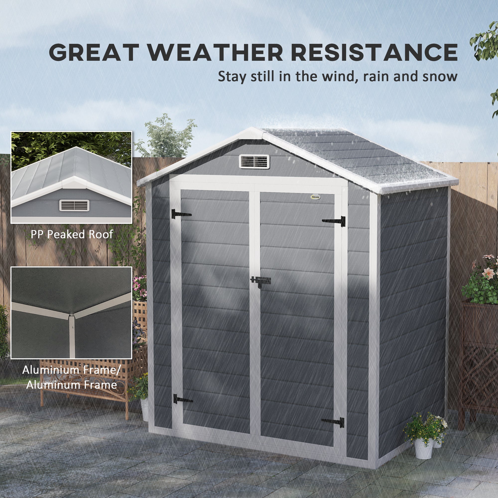 Outsunny 6'x4.5' Garden Storage Shed, Lockable Garden Shed with Double Doors, Window, Vent and Plastic Roof, Grey