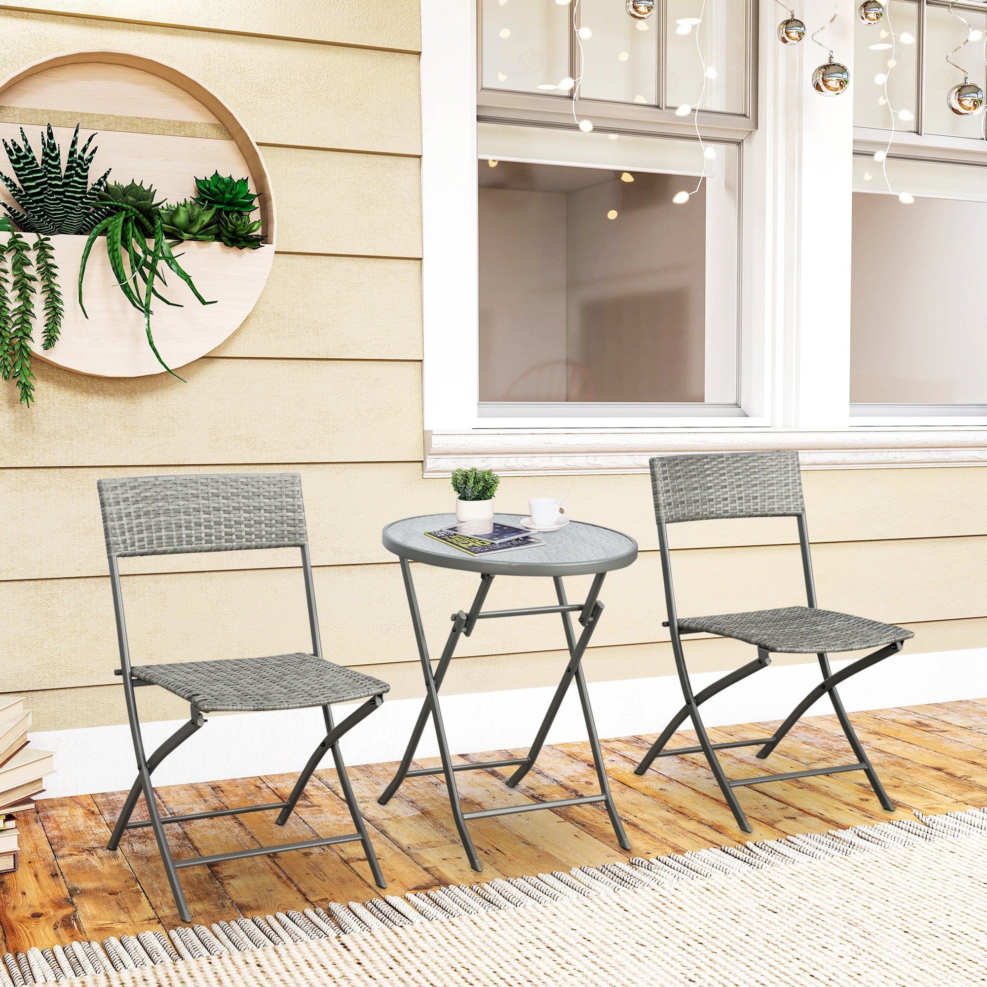 Outsunny 3 Pieces Rattan Bistro Set, Wicker Folding Garden Furniture Set with Glass Top Coffee Table and Chairs for Outdoor, Patio, Balcony, Grey