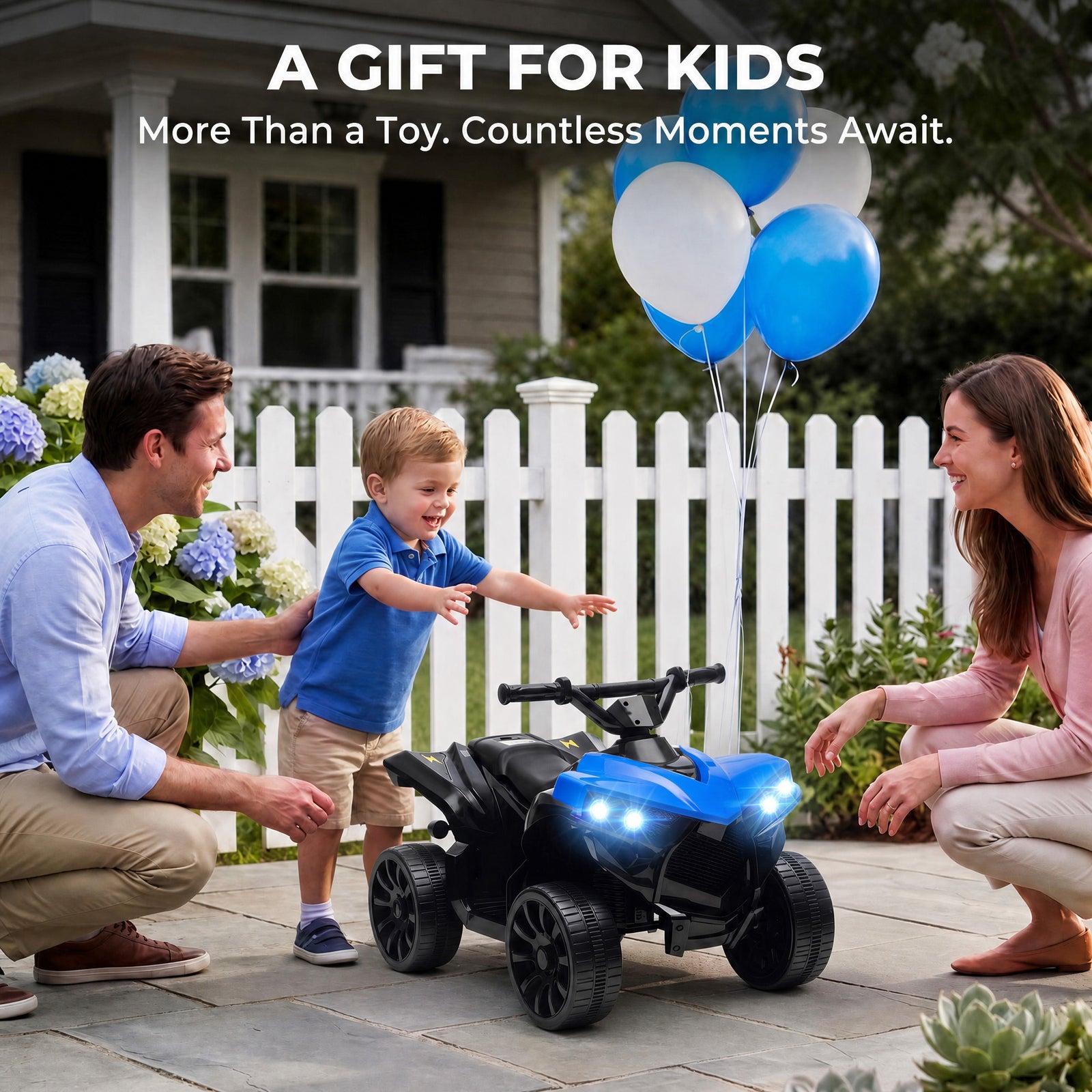 AIYAPLAY 6V Kids ATV, 4 Wheeler Electric Ride on Car with Music and LED Headlights, for Ages 18-56 Months Boys and Girls, Blue