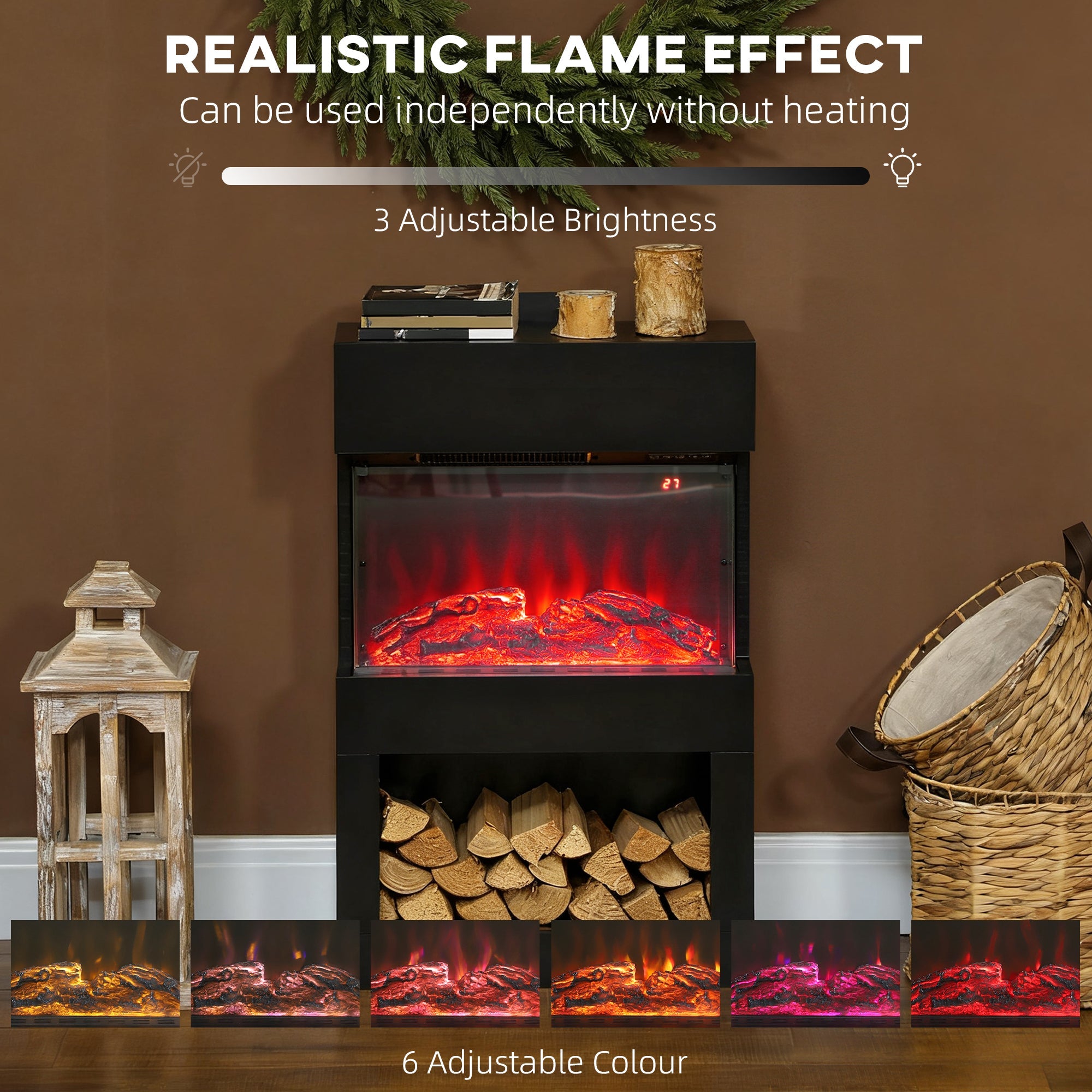 HOMCOM 19" Electric Fireplace with Surround, 3D Flame Effect, 6 Colours & 3 Brightness Levels, 1000W/2000W Black Electric Fire and Mantel Reach up to 30ãŽ¡ Space with Remote & Timer, 3 Sided View