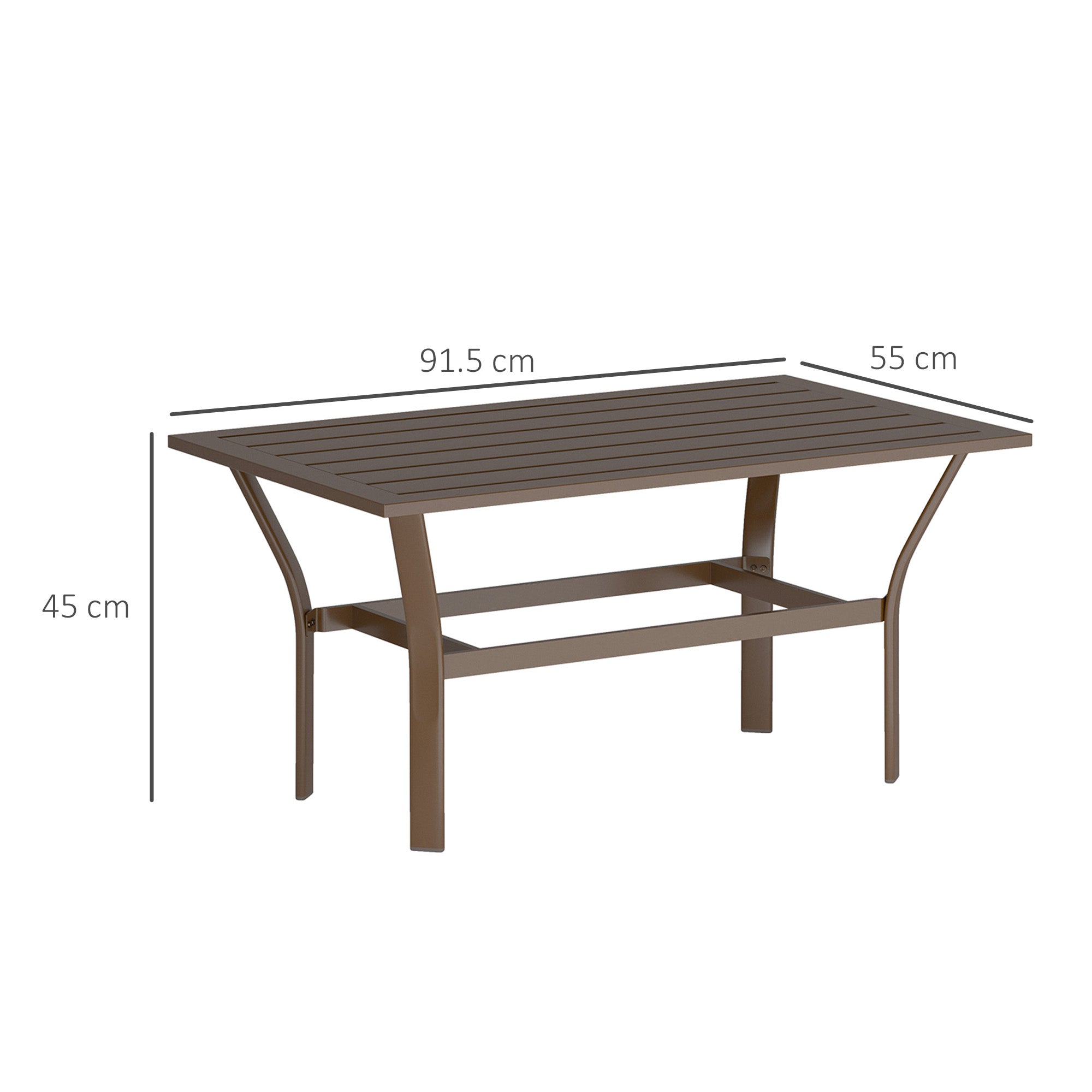 Outsunny Metal Garden Coffee Table, Rectangular Outdoor Side Table with Slatted Tabletop, Foot Pads for Outside, Garden, Balcony, Porch, 91.5 x 55 x 45cm, Brown