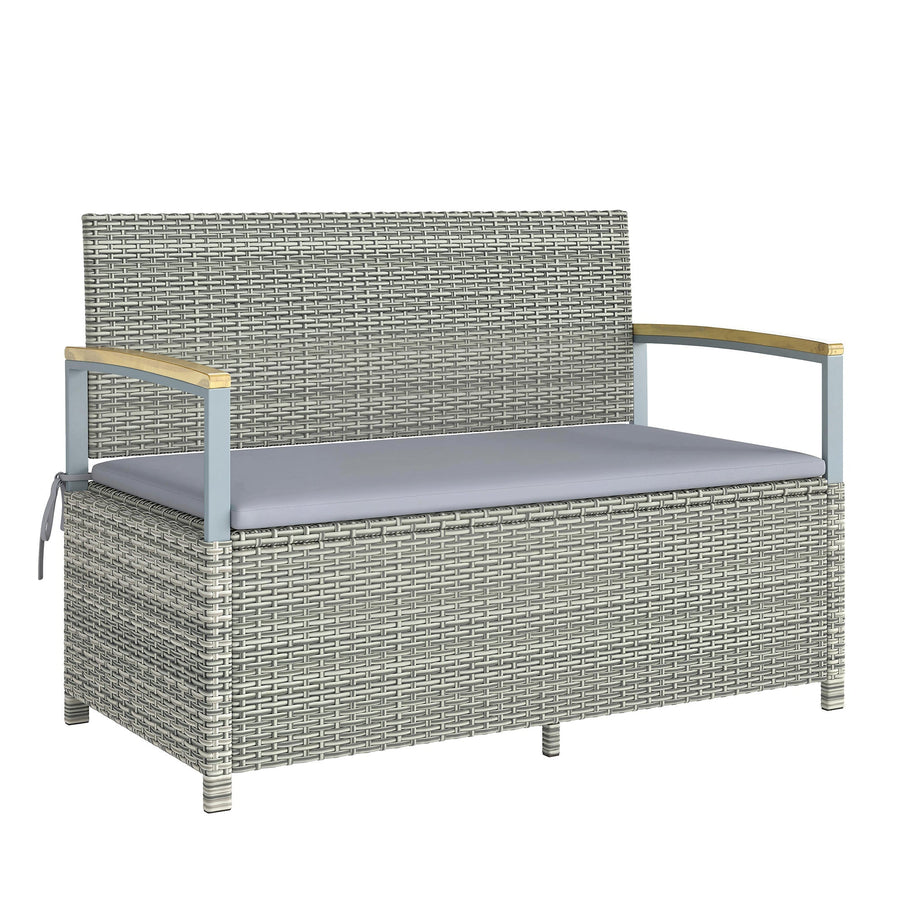 Outsunny 144 L Garden Storage Bench with Zipped Liner, 2 Seater Rattan Garden Bench with Storage, Gas Strut, Cushion, Light Grey