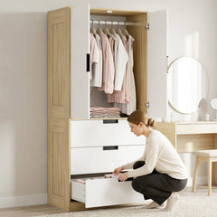 HOMCOM Modern Clothes Storage Cupboard Unit, 3 Drawer 2 Door Wardrobe with Hanging Rod, Oak