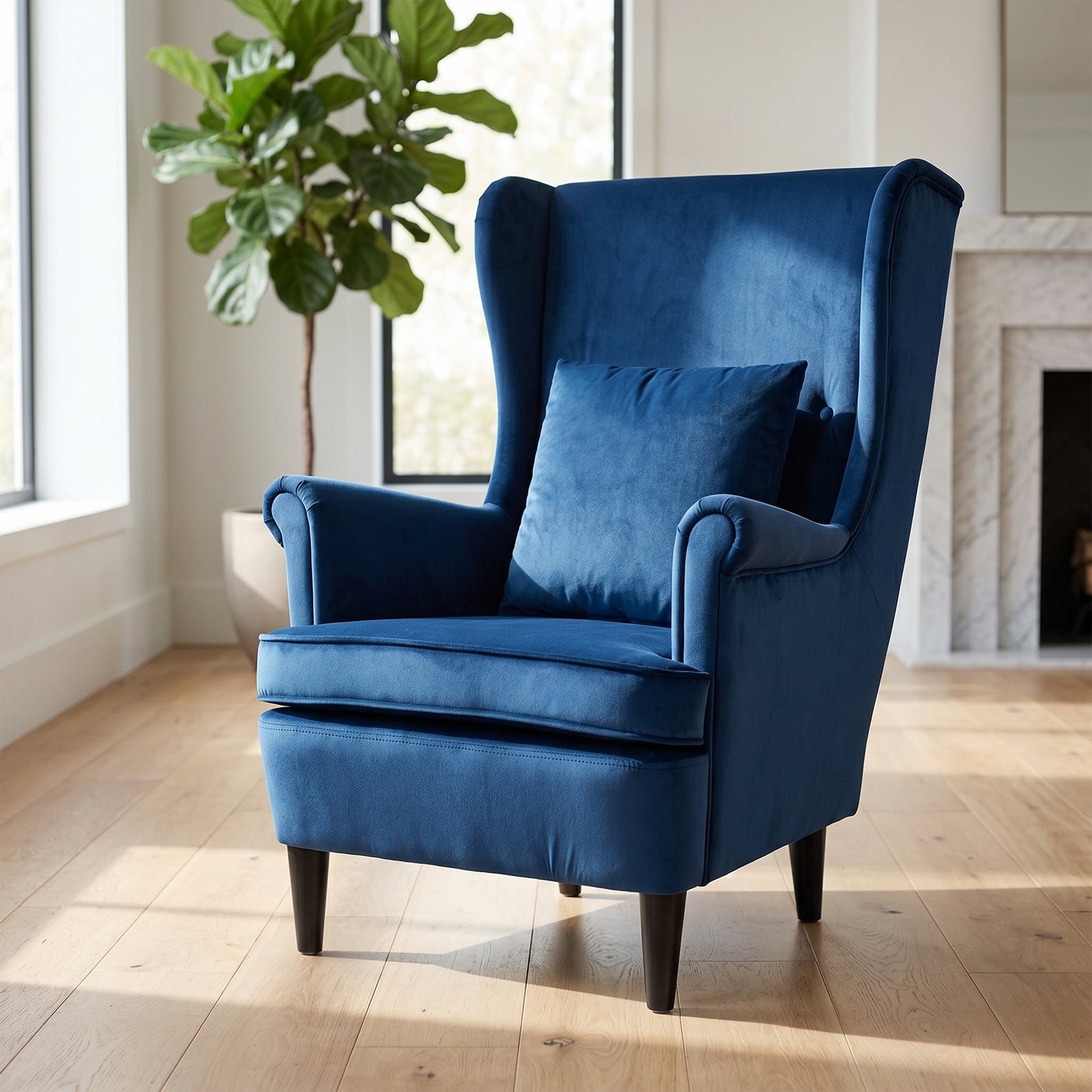 HOMCOM Modern Accent Chair with High Backrest and Pillow, Velvet-Feel Fabric Reading Chair with Solid Wood Legs, Blue