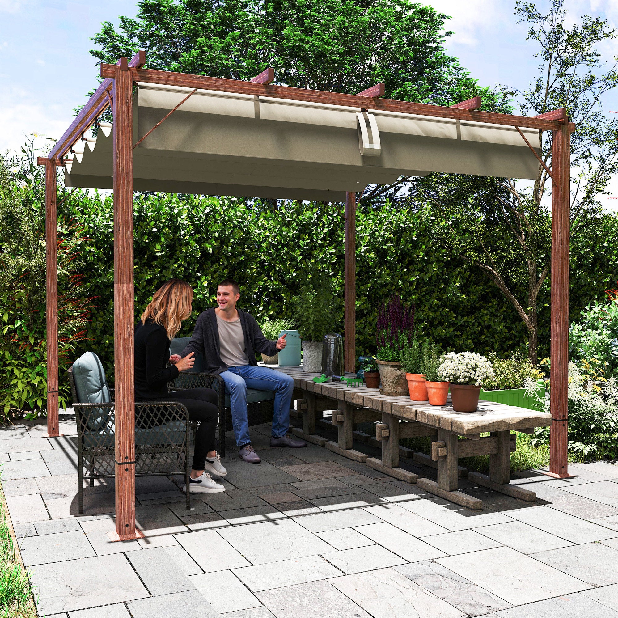 Outsunny 3 x 3 m Retractable Roof Pergola - Natural Wood Finish