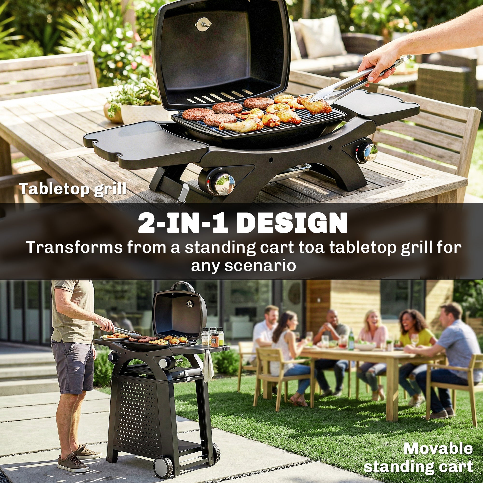 Outsunny 2 Burner Gas Grill with 2 Side Tables, 3.8 KW Barbecue Grill with Cast Iron Grates, 2-in-1 Tabletop BBQ with Wheels