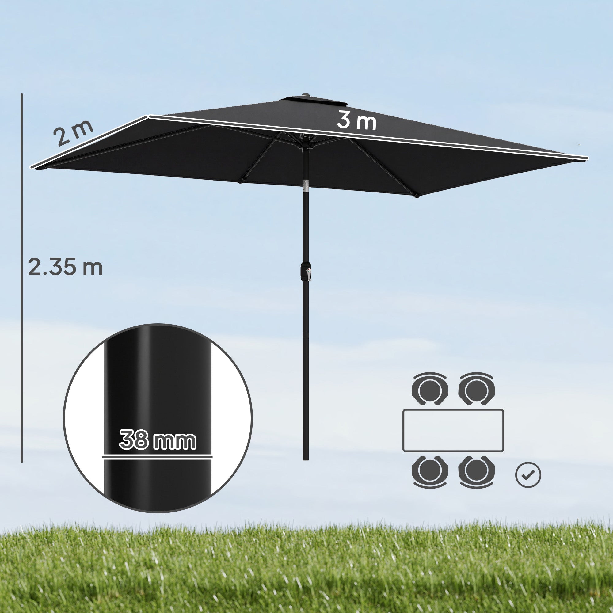 Outsunny Garden Parasol, Parasol Umbrella with Crank Handle, Tilt Function, Polyester Canopy, Black