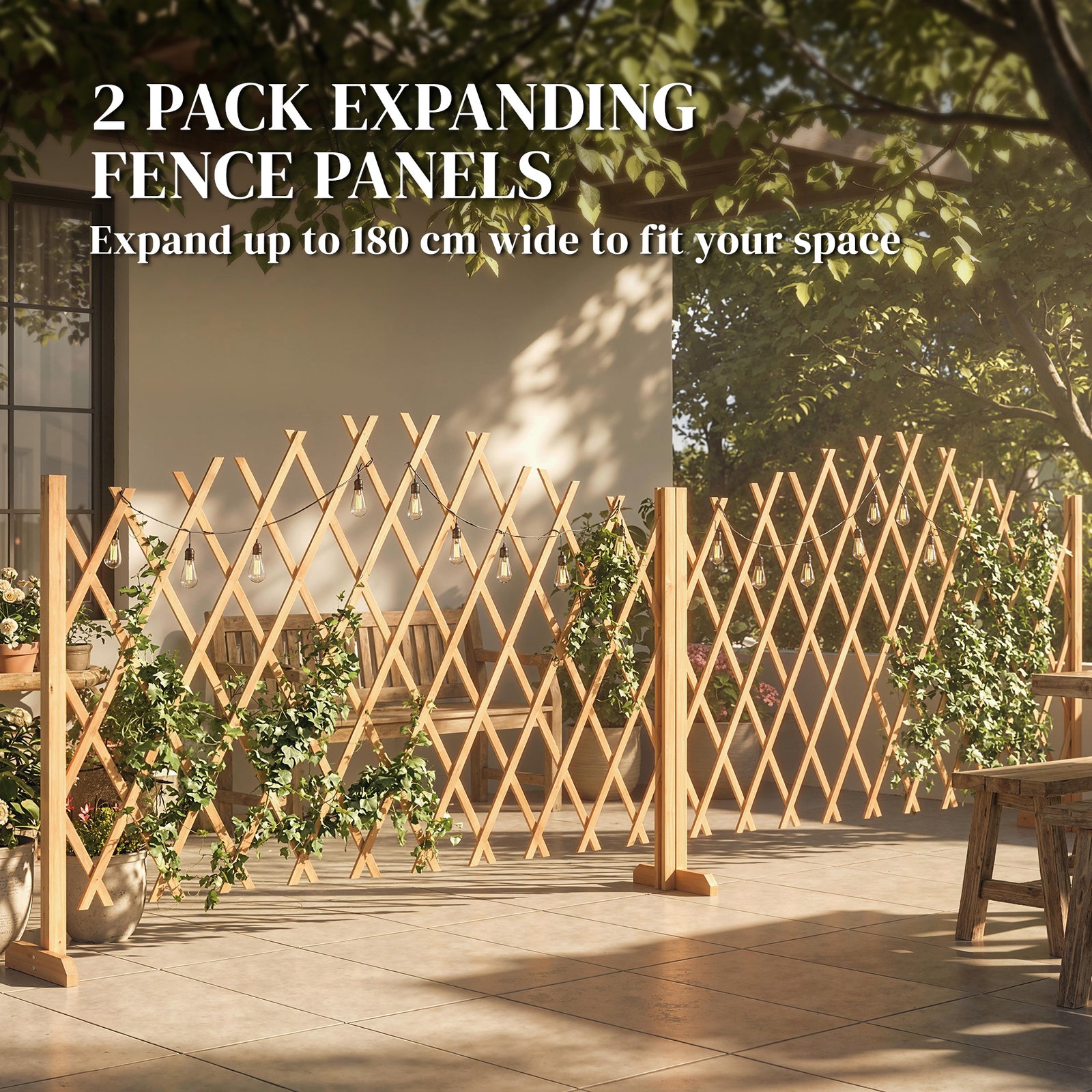 Outsunny 2 Pack Expanding Fence Panels, Wooden Freestanding Garden Fence with Stable Feet, 180 x 30 x 103cm, Brown