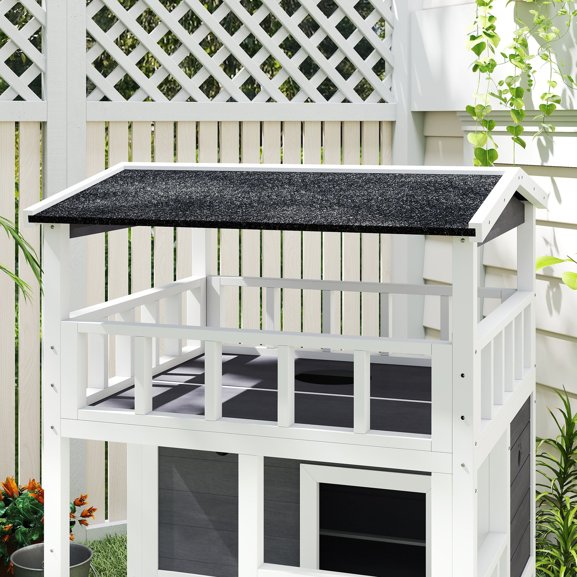 PawHut Wooden Outdoor Cat House, 3-Tier Cat Shelter with Tilted Roof, Terrace, Jump Step, Bottom Tray and Elevated Base, Waterproof Paint, Grey