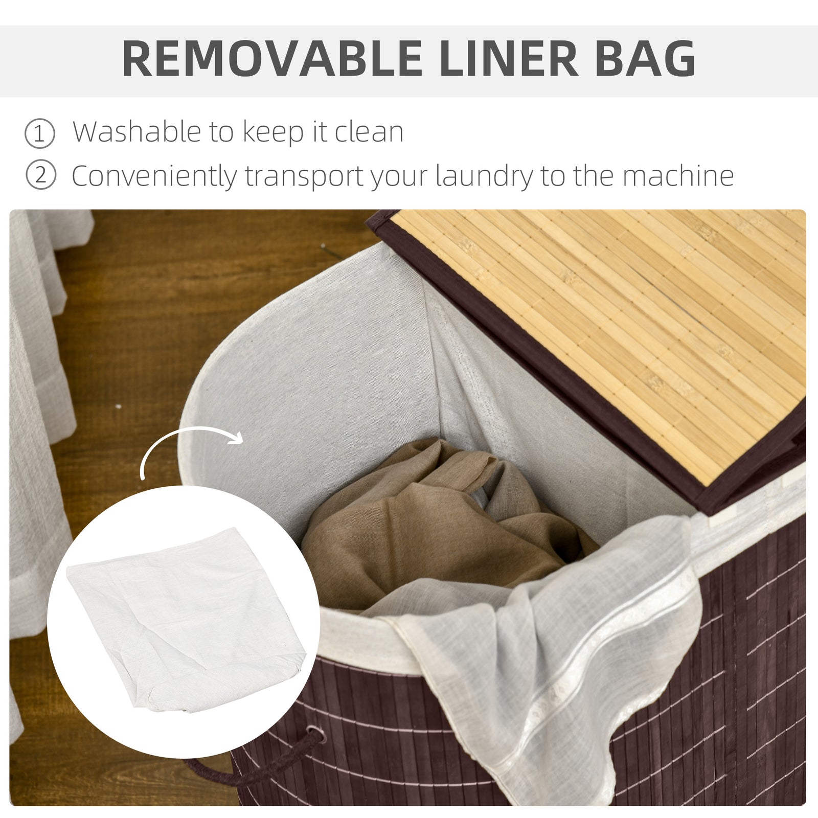 HOMCOM 100L Bamboo Laundry Basket with Lid, Washing Basket with 2 Compartments, Handles, Removable Liner, Brown