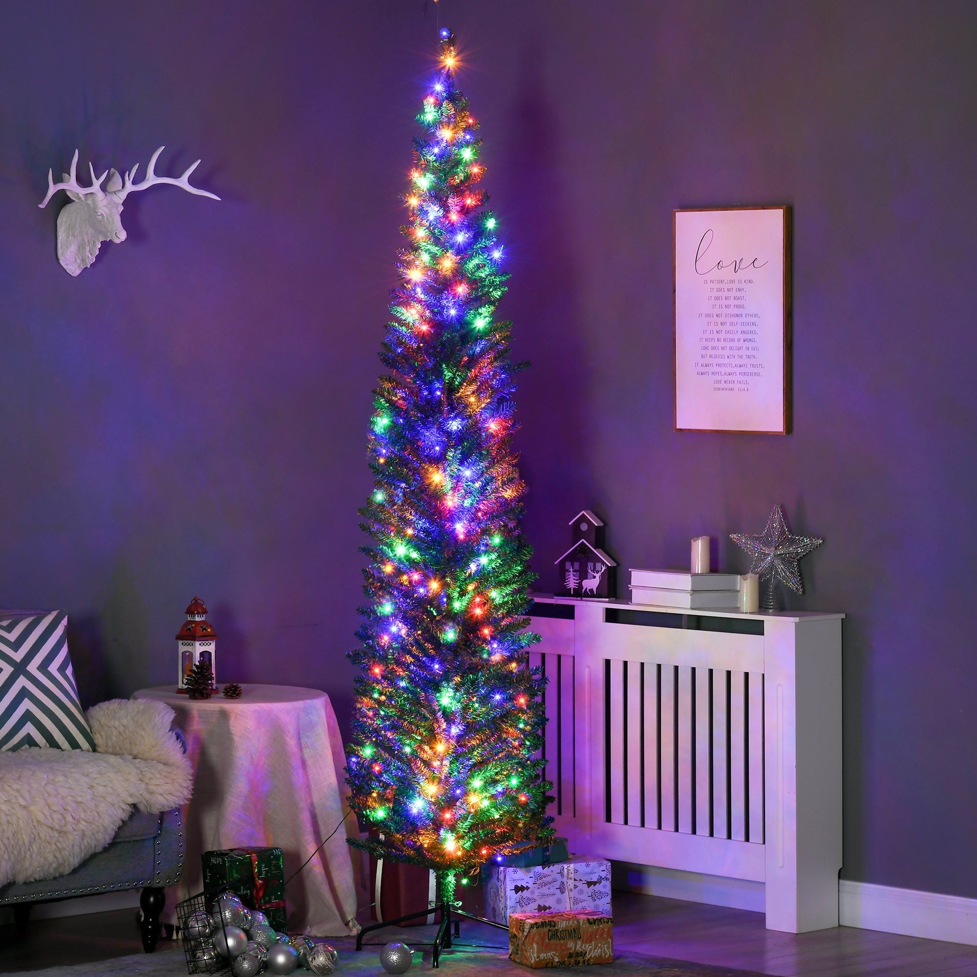HOMCOM 7.5' Artificial Prelit Christmas Trees Holiday DÃ©cor with Colourful LED Lights, Pencil Shape, Steel Base