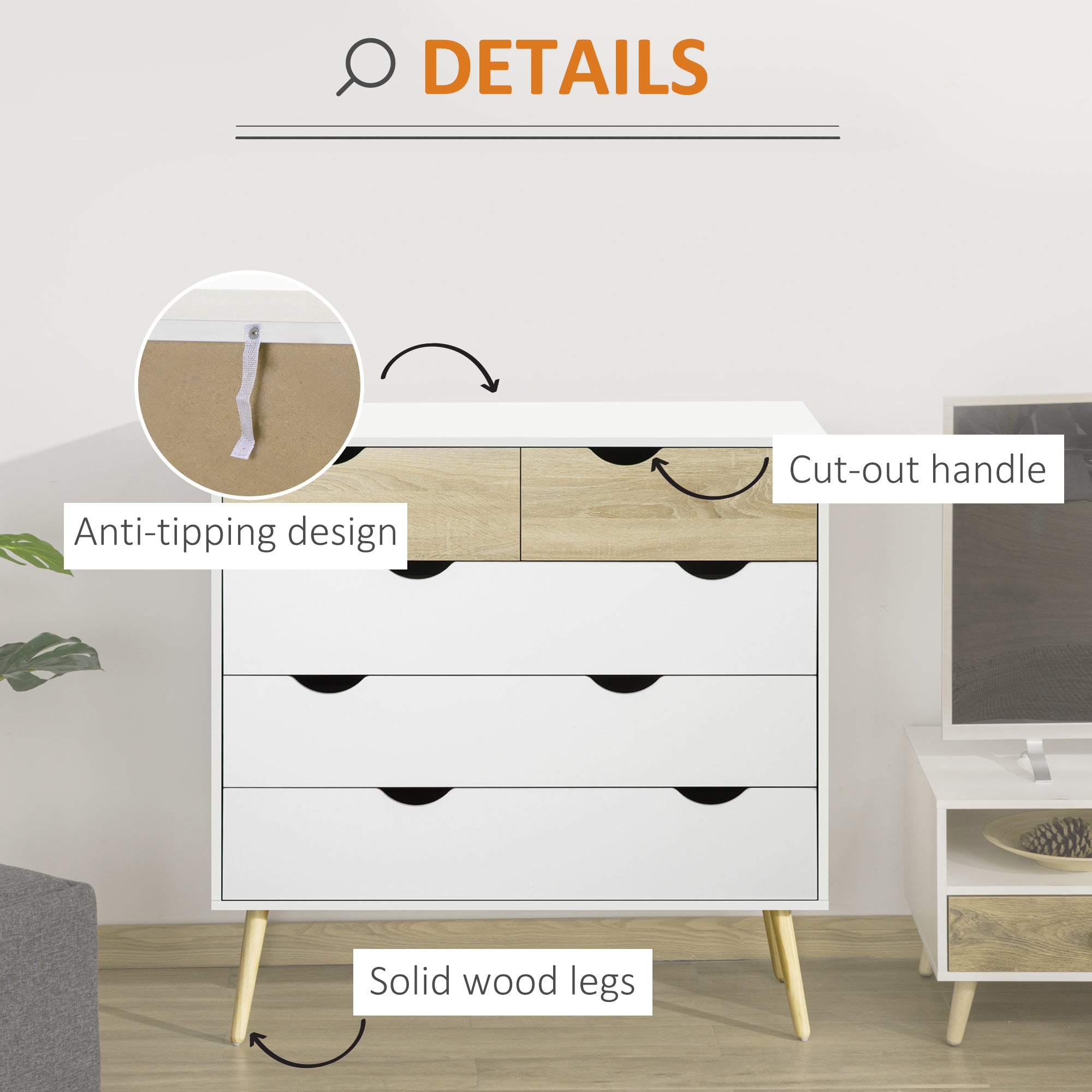 HOMCOM Nordic Style Chest of Drawers, 5 Drawer Dresser with 4 Tapered Legs and Groove Handles, Storage Organiser Side Cabinet for Bedroom, Living Room