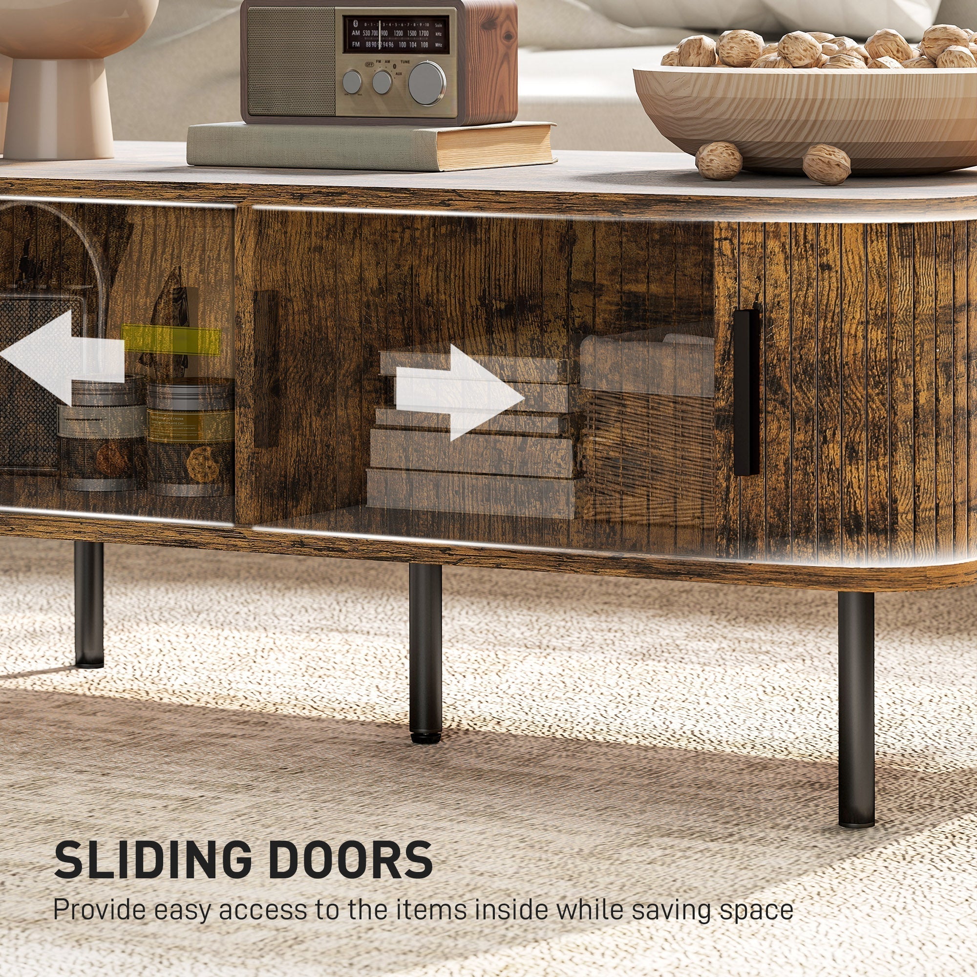 HOMCOM Coffee Table with Storage, Living Room Table with Slatted Tambour Sliding Doors and Foot Pads, Rectangular Coffee Table with Elevated Base for Living Room, Rustic Brown