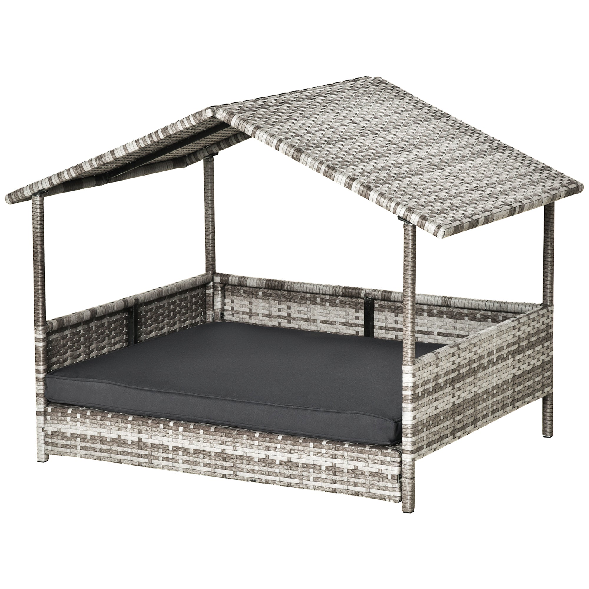PawHut Wicker Dog House, Rattan Pet Bed, with Removable Cushion, Canopy, for Small and Medium Dogs - Dark Grey