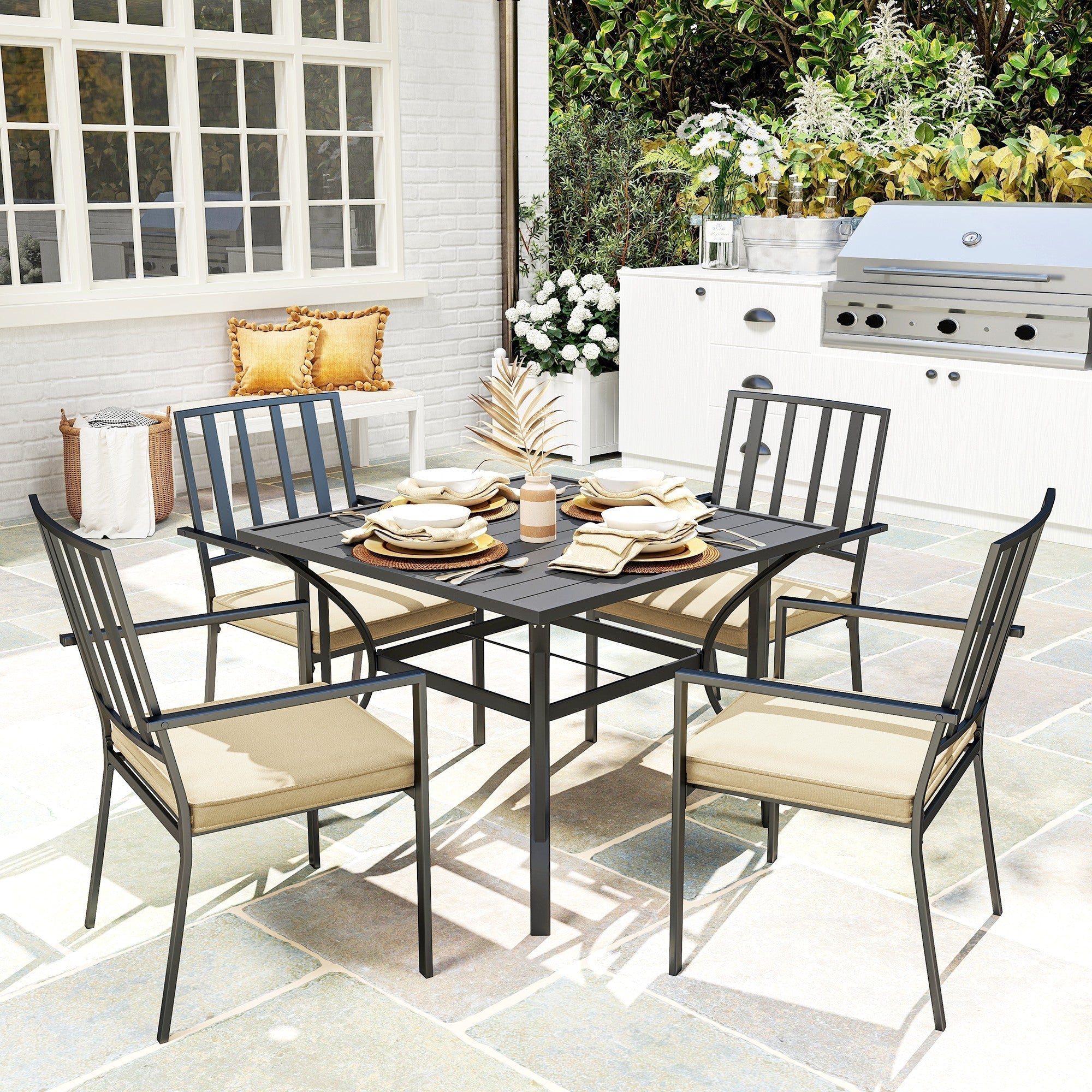 Outsunny 5 Pieces Garden Dining Set with Cushions, Outdoor Patio Table and 4 Stackable Chairs, Metal Top Table with Umbrella Hole, Black