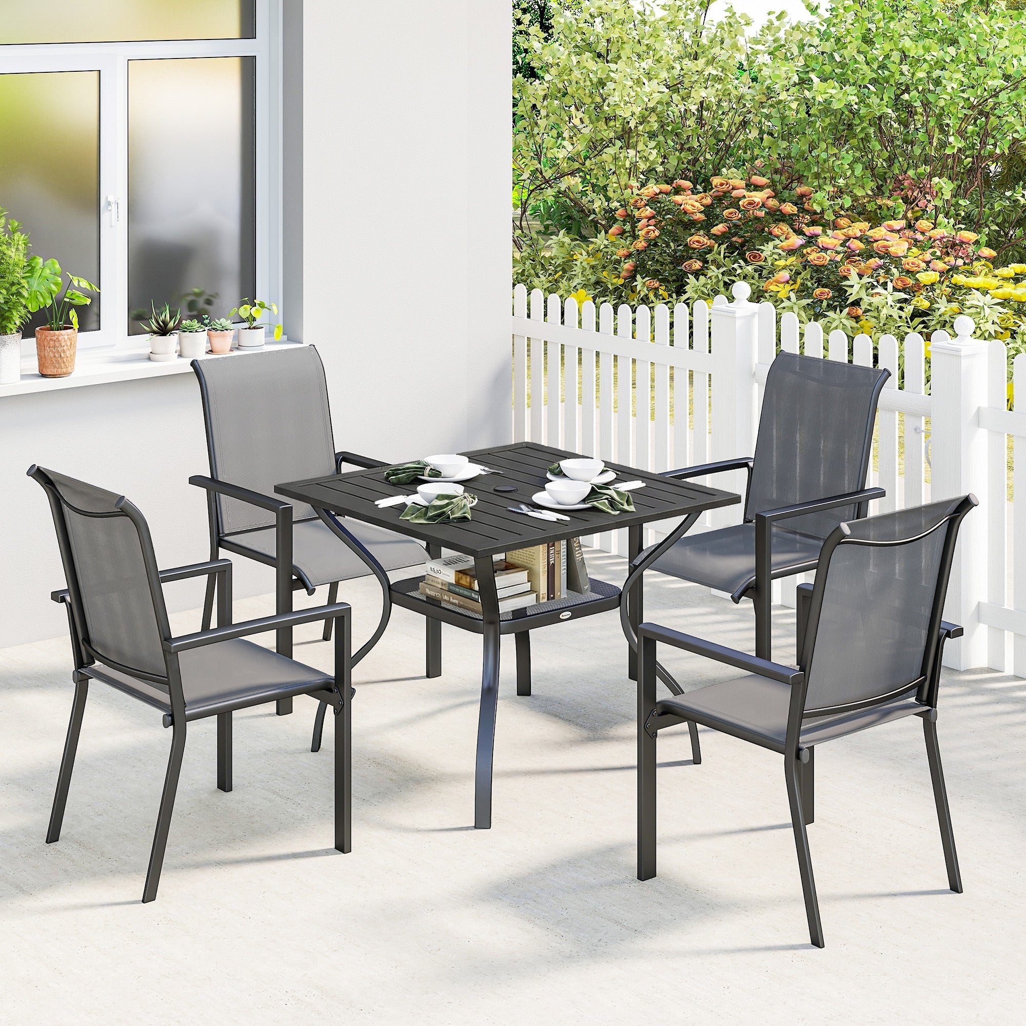 Outsunny 5 Pieces Outdoor Dining Set for 4, Garden Table and Stackable Chairs with Breathable Mesh Seat and Parasol Hole, Grey