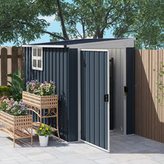 Outsunny 4 x 6ft Lean to Garden Metal Shed, Outdoor Storage Shed with Window, 2 Vents and Lockable Door for Patio, Dark Grey