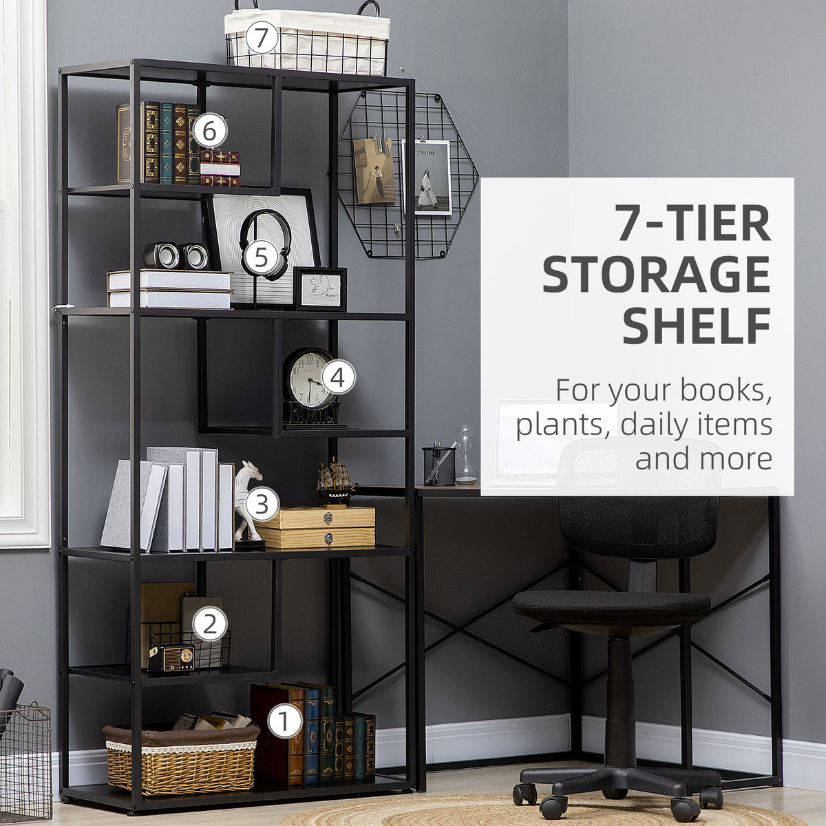 HOMCOM Industrial Accent Display Rack 7 Tier Bookcase, Display Rack for Living Room, Office, Bedroom, Black