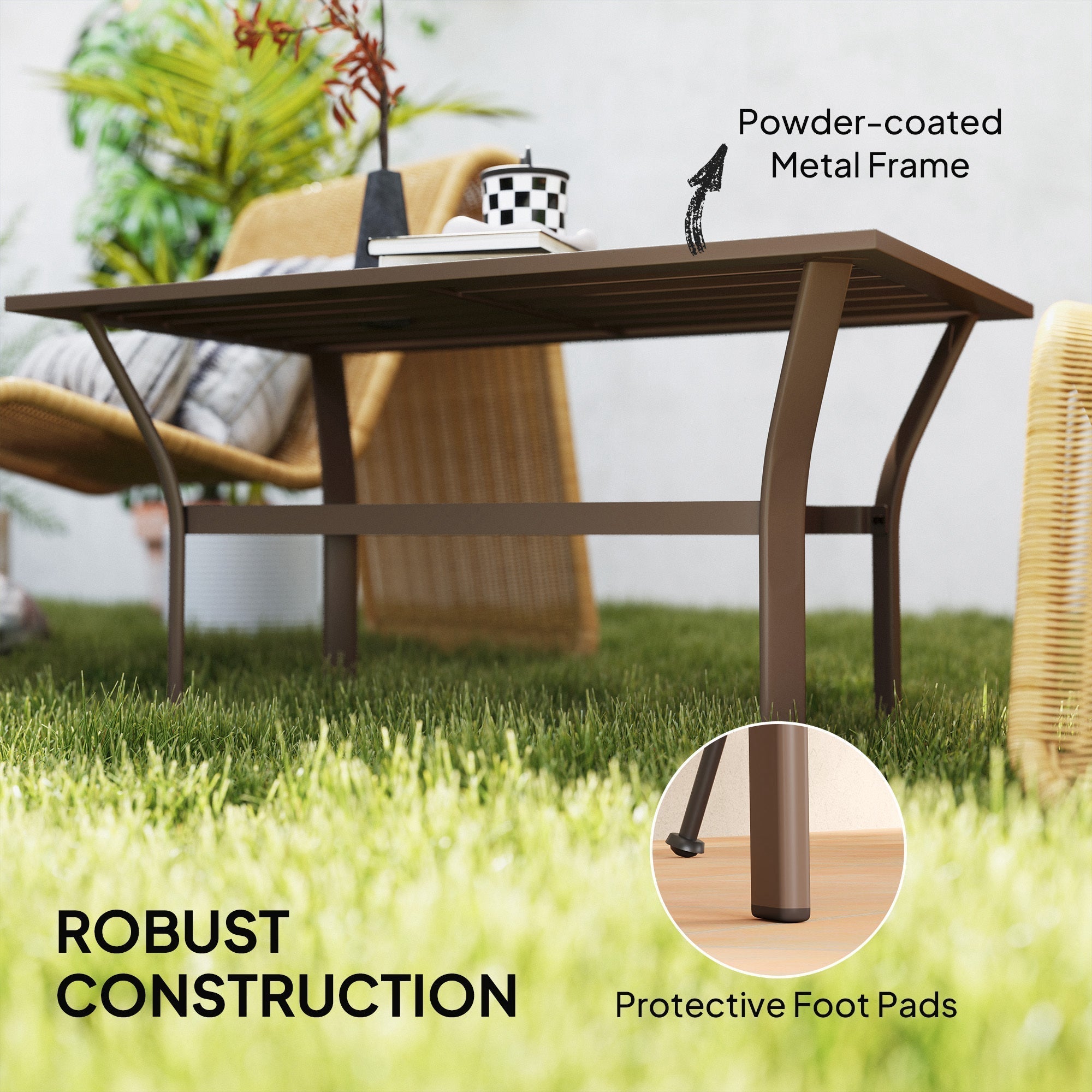 Outsunny Metal Garden Coffee Table, Rectangular Outdoor Side Table with Slatted Tabletop, Foot Pads for Outside, Garden, Balcony, Porch, 91.5 x 55 x 45cm, Brown