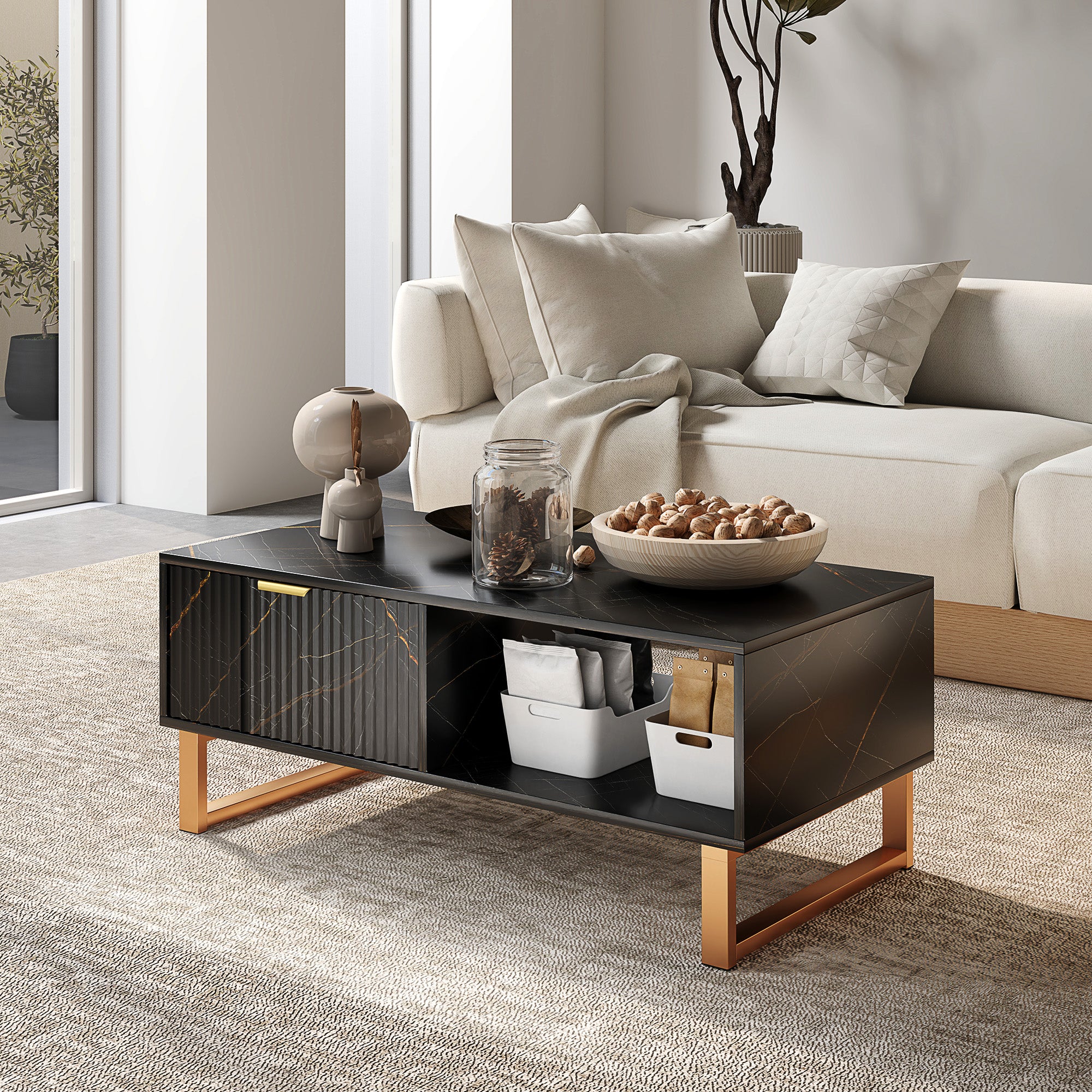 HOMCOM Elegant Marble Effect Storage Coffee Table - Black