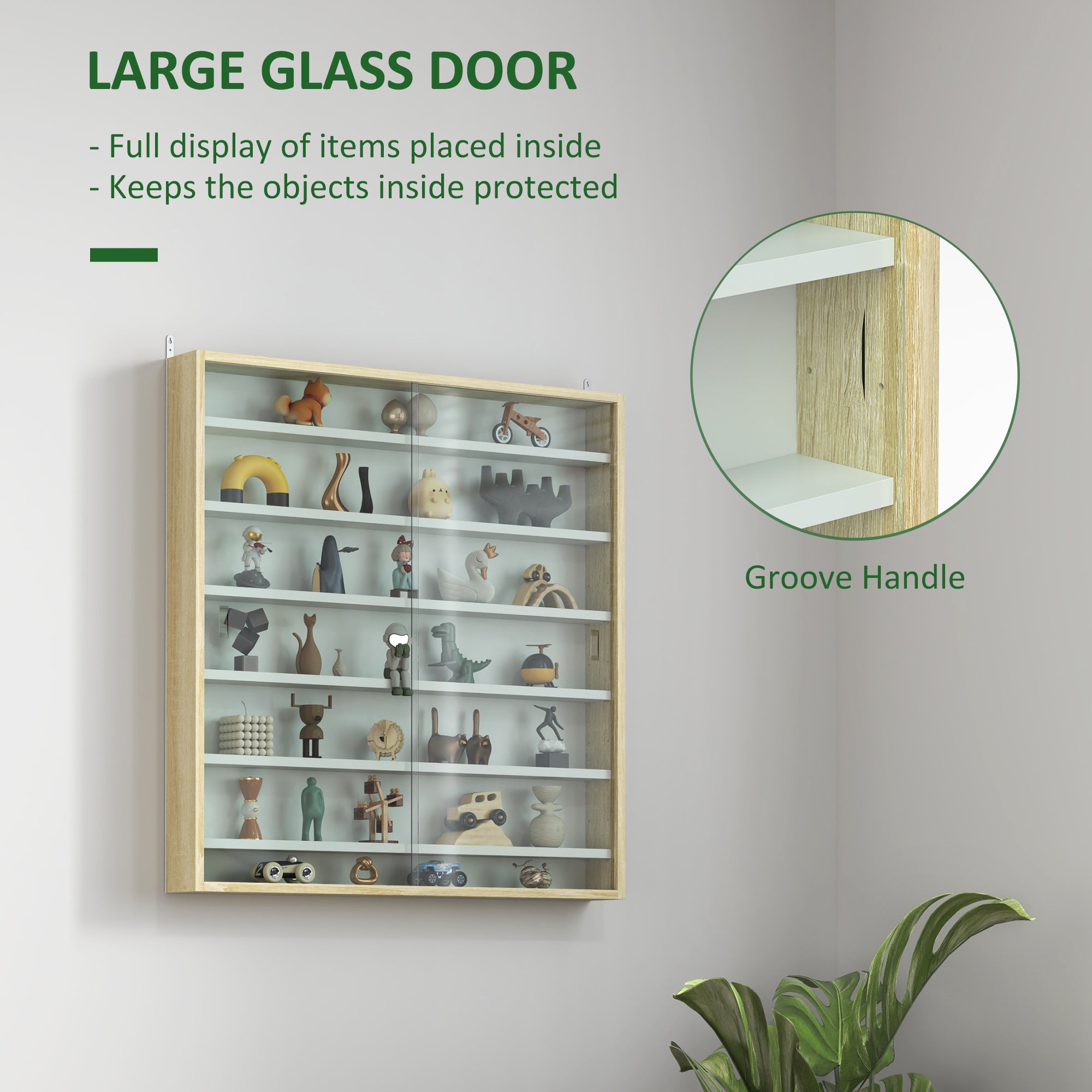 HOMCOM 7-Tier Wall Display Shelf Unit Cabinet w/ 6 Adjustable Shelves Glass Doors Home Office Ornaments 83x80cm, Oak