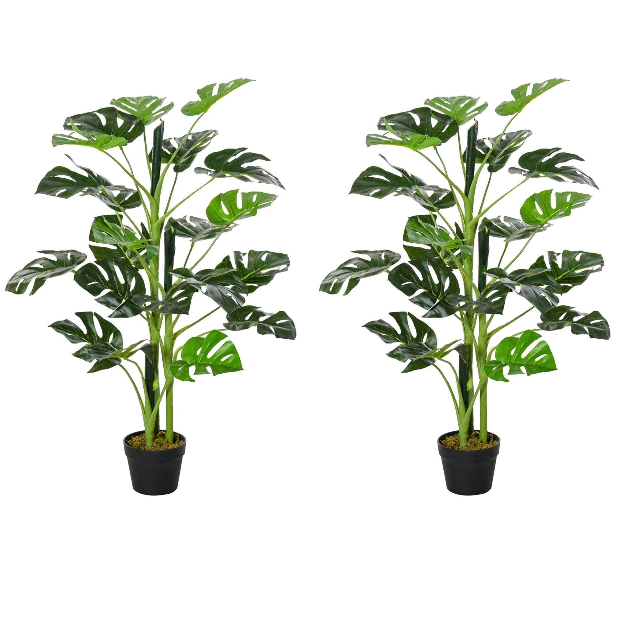 Outsunny 100cm/3.3FT Artificial Monstera Tree Decorative Cheese Plant 21 Leaves with Nursery Pot, Fake Tropical Palm Tree for Indoor Outdoor Decor, Set of 2