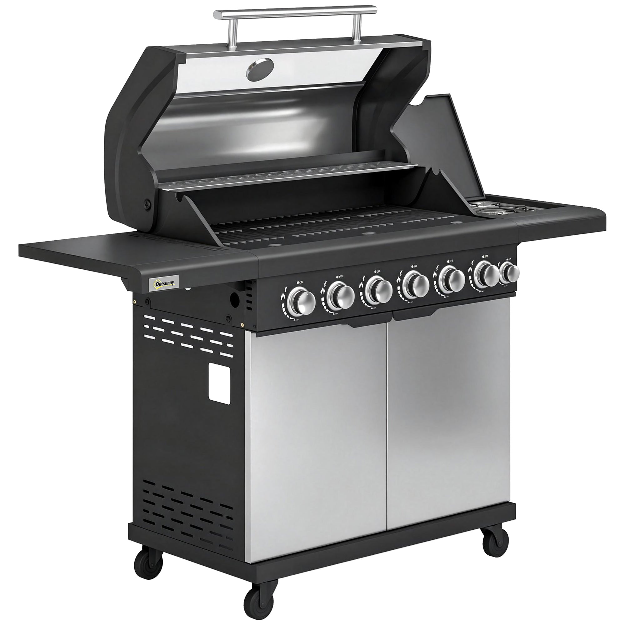 Outsunny 6+1 Burner Gas BBQ Grill, Outdoor Barbecue Trolley with Wheels, Warming Rack, Thermometer, Bottle Opener, Silver Tone