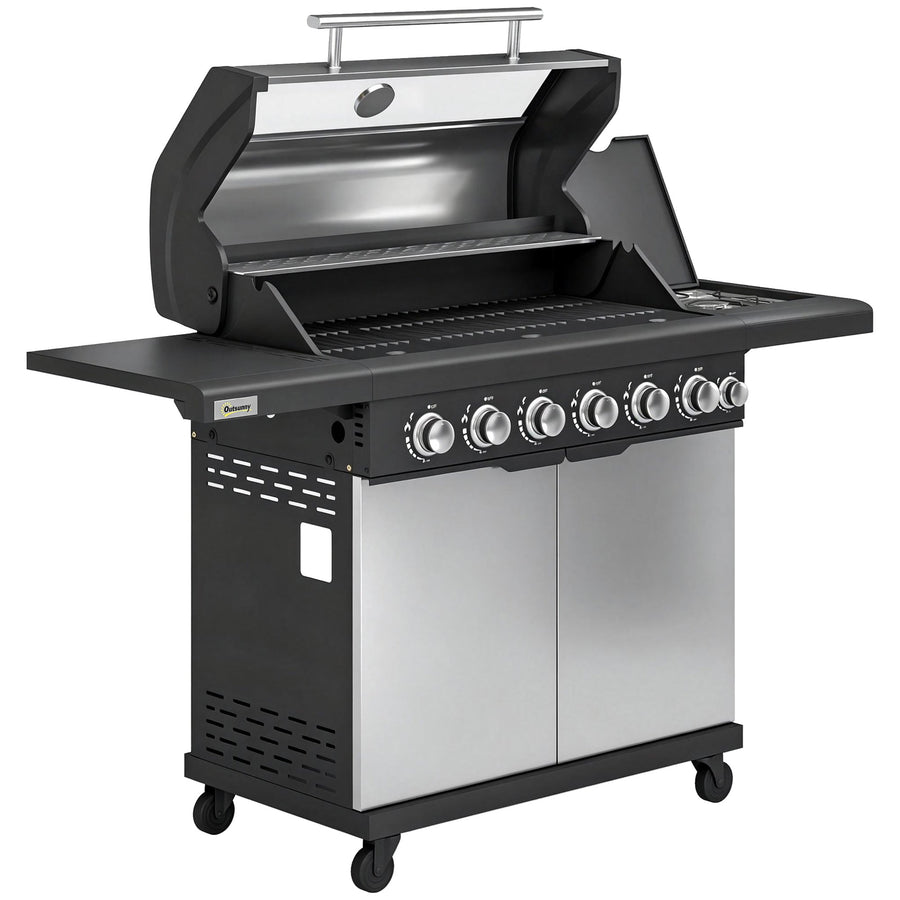 Outsunny 6+1 Burner Gas BBQ Grill, Outdoor Barbecue Trolley with Wheels, Warming Rack, Thermometer, Bottle Opener, Silver Tone