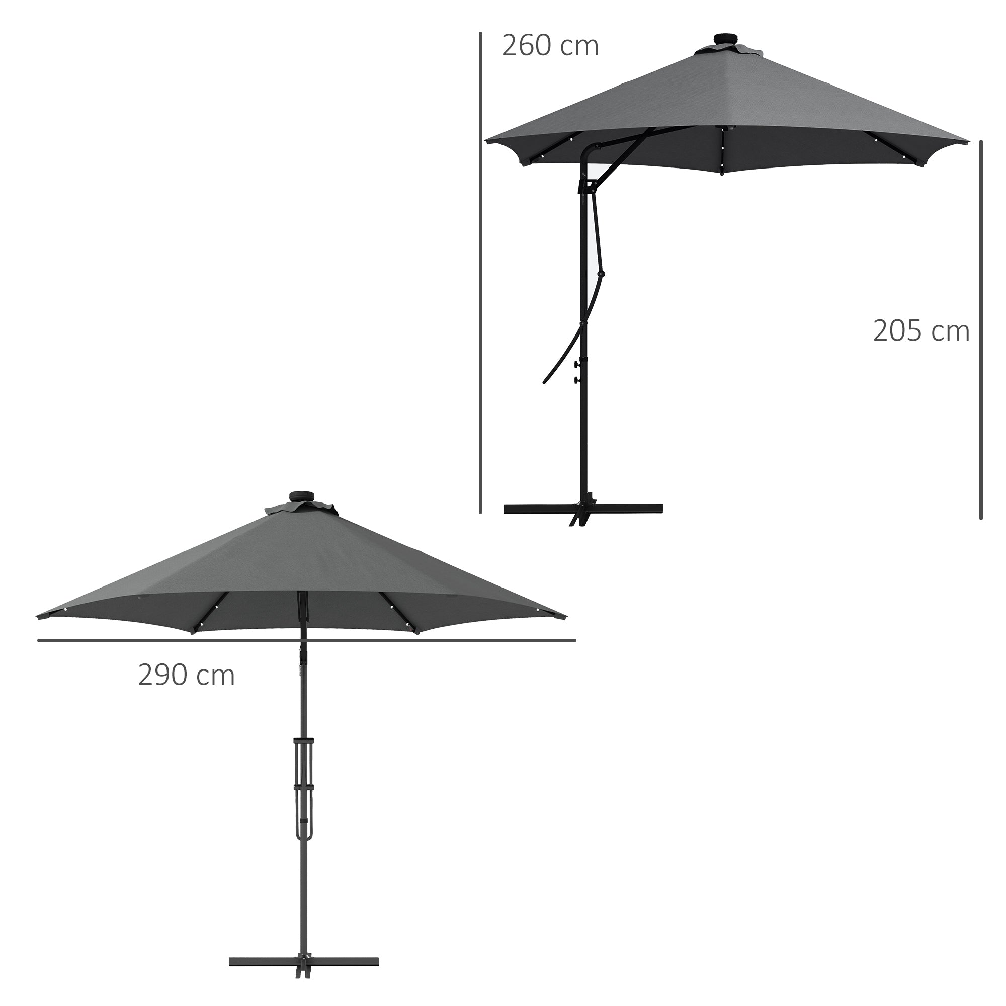 Outsunny 3(m) Solar LED Cantilever Parasol - Dark Grey