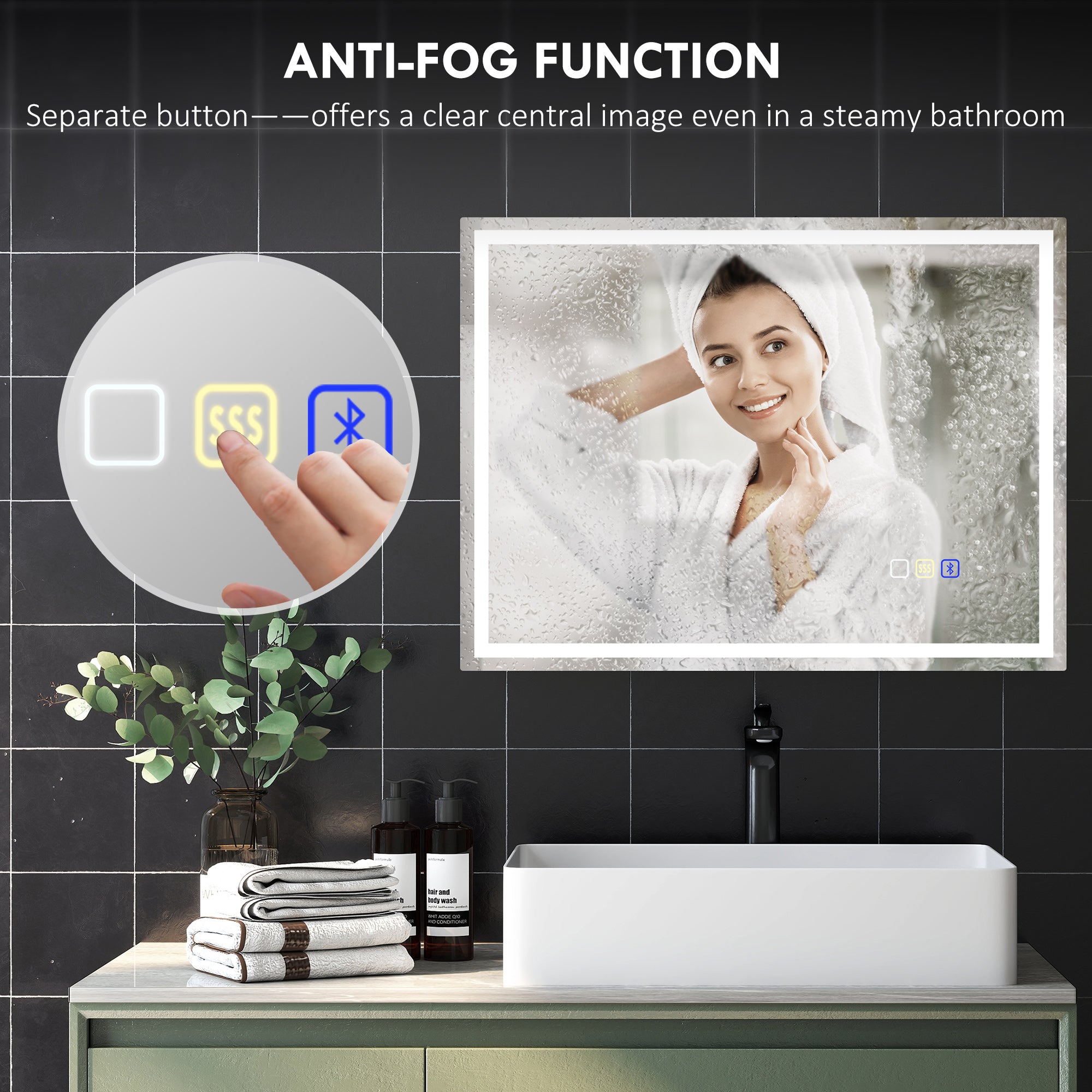 HOMCOM 60 x 80 cm Anti-Fog LED Bathroom Mirror, with Bluetooth - Silver Tone