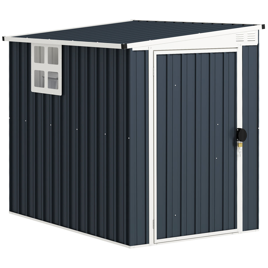 Outsunny 4 x 6ft Lean to Garden Metal Shed, Outdoor Storage Shed with Window, 2 Vents and Lockable Door for Patio, Dark Grey