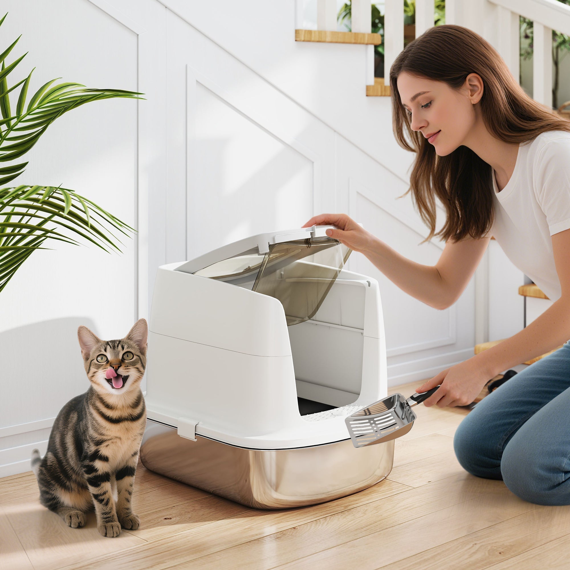 PawHut Large Stainless Steel Litter Box, Enclosed Metal Cat Litter Tray with Scoop, Deodoriser Bag, Front-Entry and Top-Exit