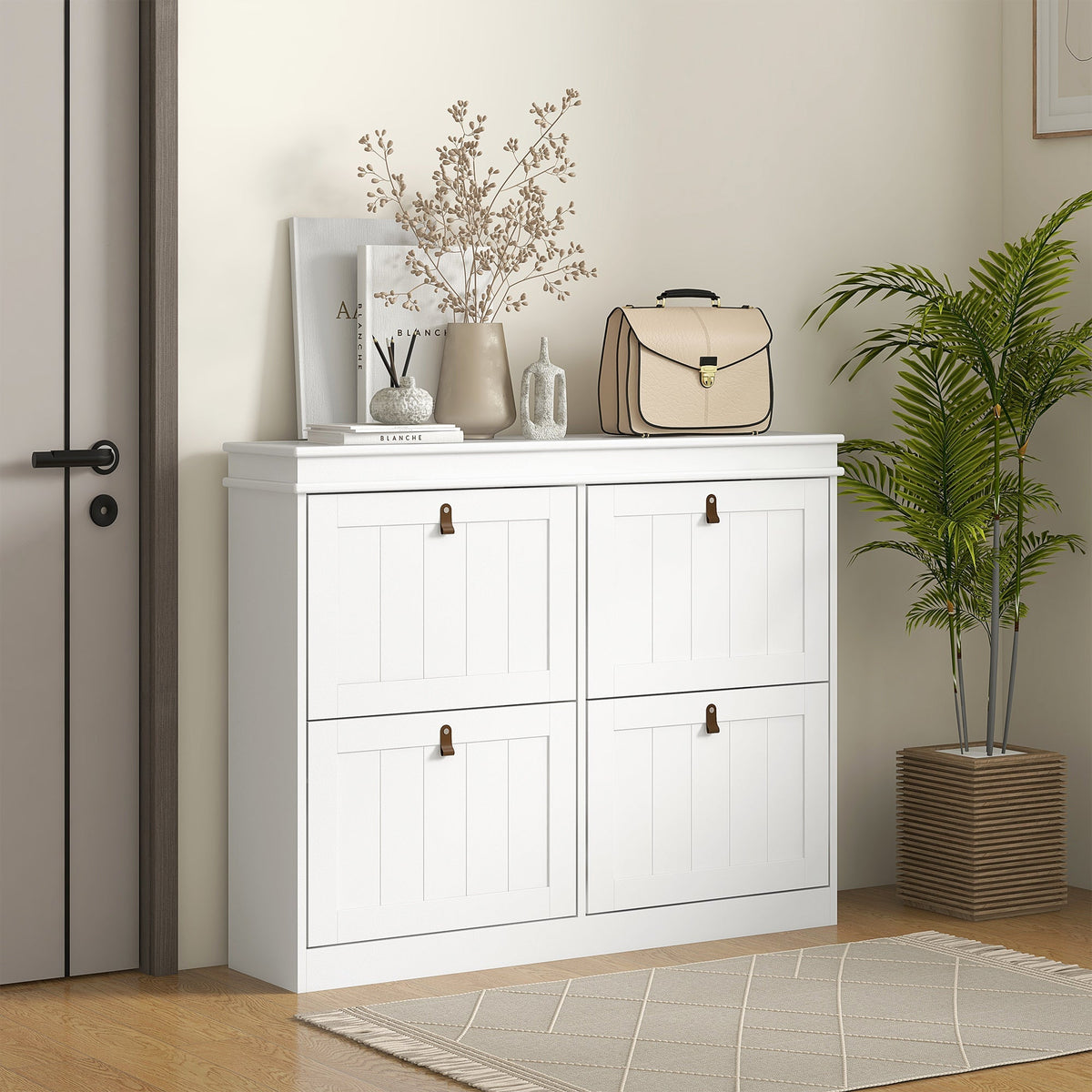 HOMCOM Slim Shoe Cabinet, Shoe Cabinet with 4 Drop-Down Drawers, 105W x 24D x 82.5H cm,  White