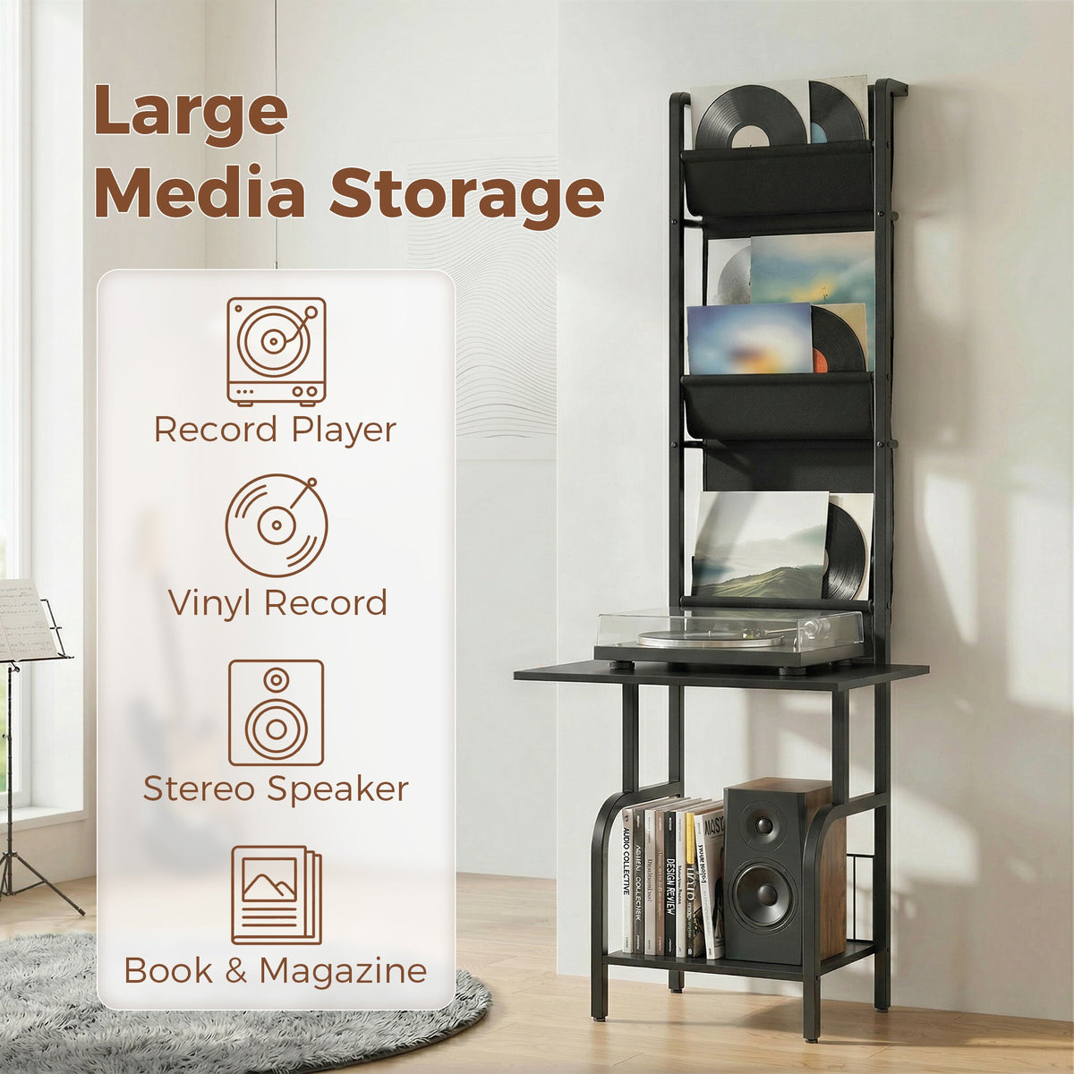 HOMCOM Vinyl Record Player Stand Record Storage with Player Stand Oxford Fabric Pockets Bottom Shelf, Black