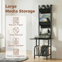 HOMCOM Vinyl Record Player Stand Record Storage with Player Stand Oxford Fabric Pockets Bottom Shelf, Black