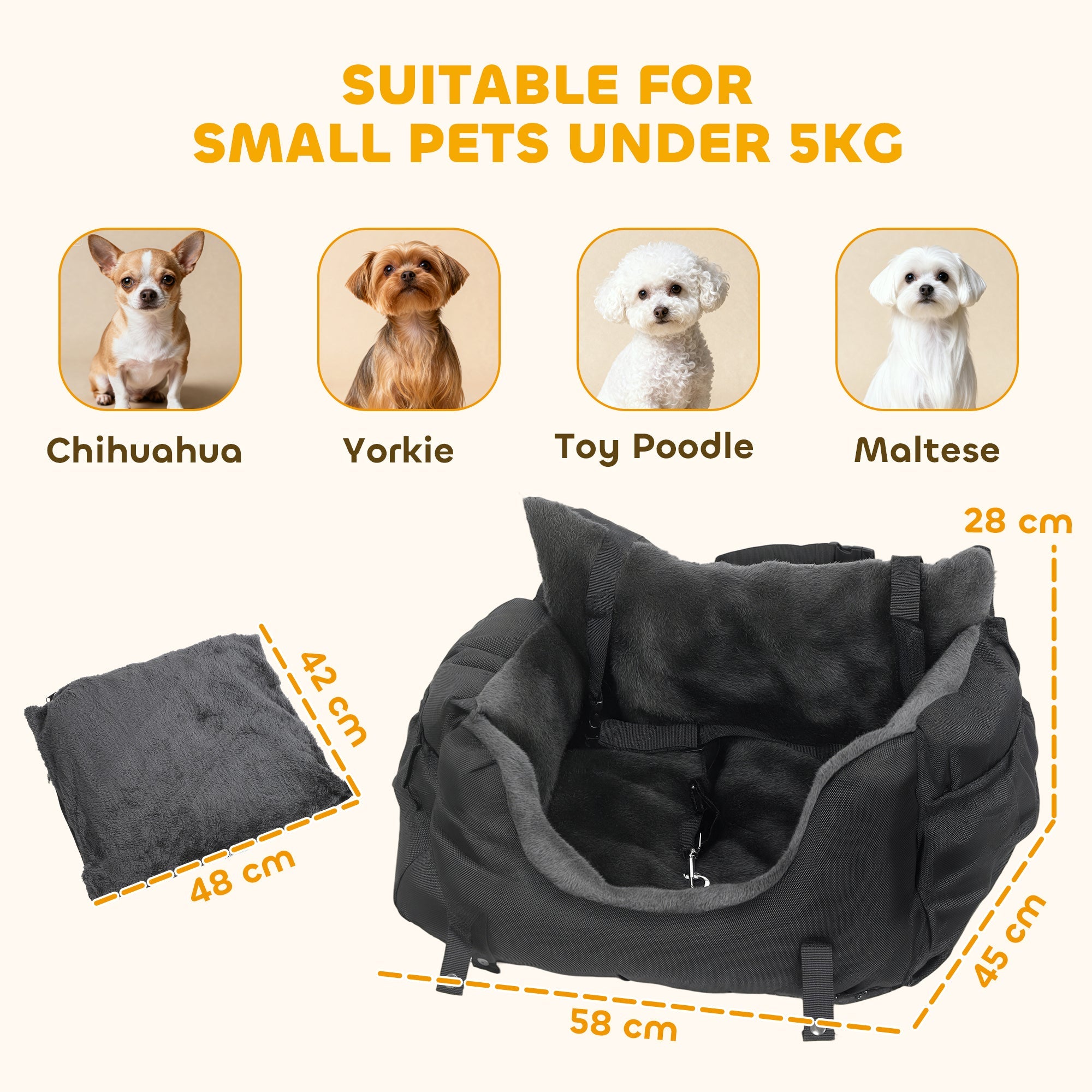 PawHut Dog Car Seat for Small Dogs with Fixed Buckle, Safety Leash, Washable Cover, 58 x 45 x 28 cm, Black
