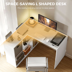 HOMCOM L Shaped Computer Desk, 110 x 100cm Reversible Corner Desk with Fabric Drawer and Storage Shelves, White