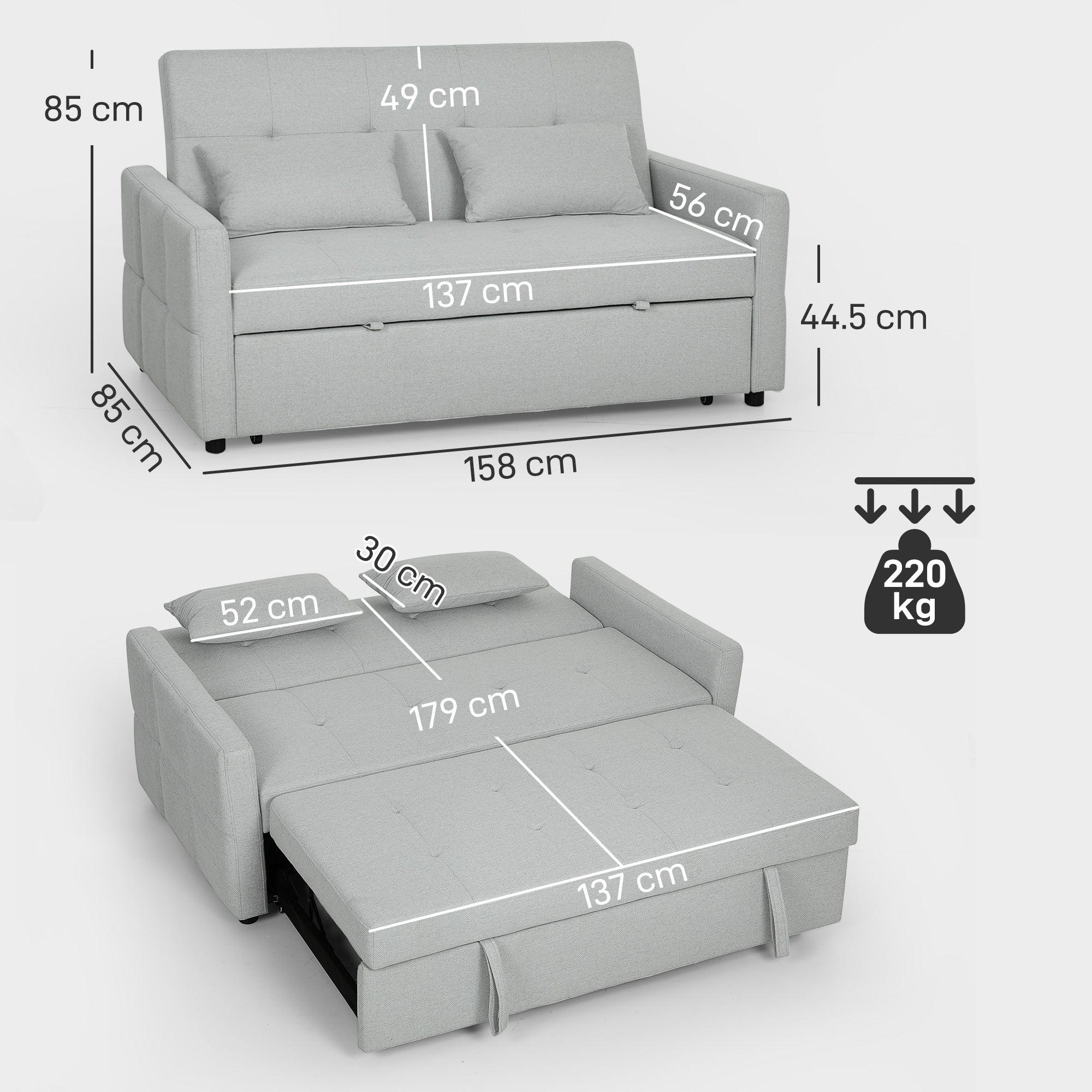 HOMCOM Three-Way Two-Seater Sofa Bed - Light Grey