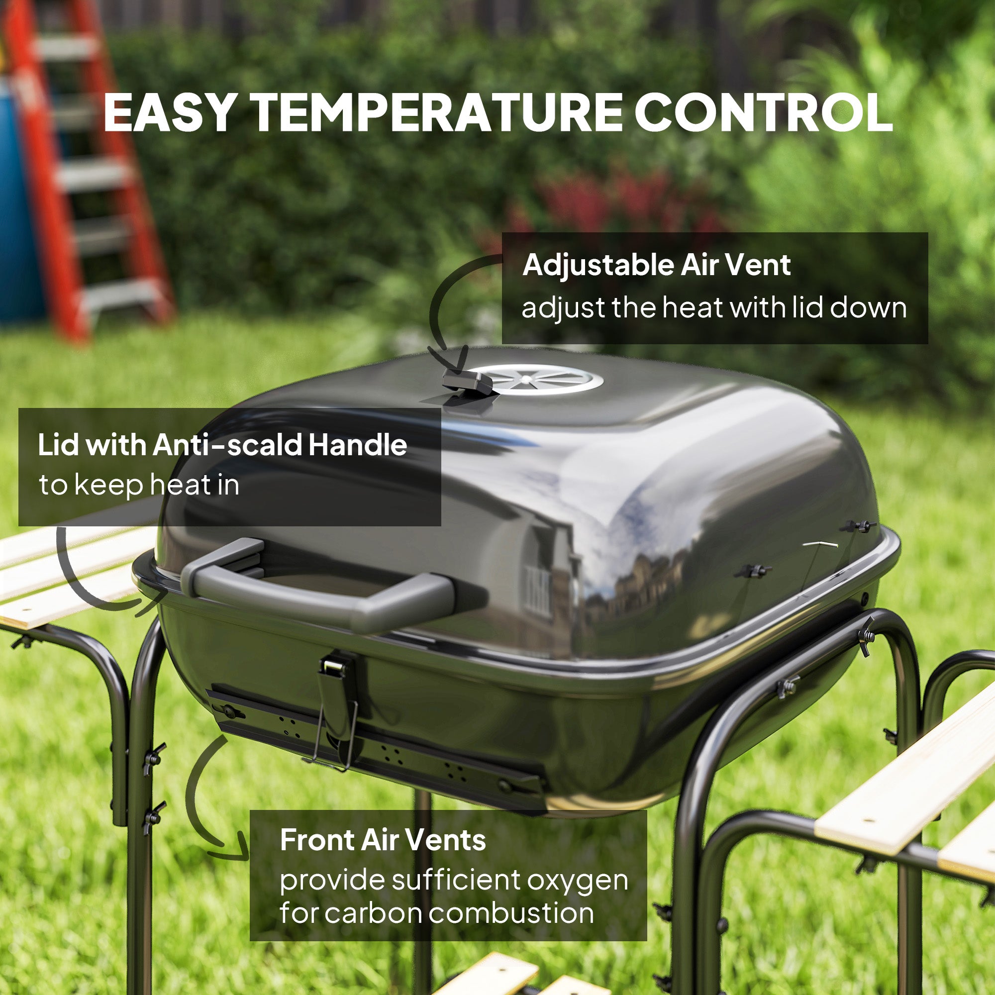 Outsunny Charcoal Barbecue Grill Portable BBQ Grill with 1840 cm√Ç¬≤ Cooking Area, 3 Shelves, Adjustable Vent, Lockable Lid, Wheels for Outdoor Cooking, Garden Party, Black