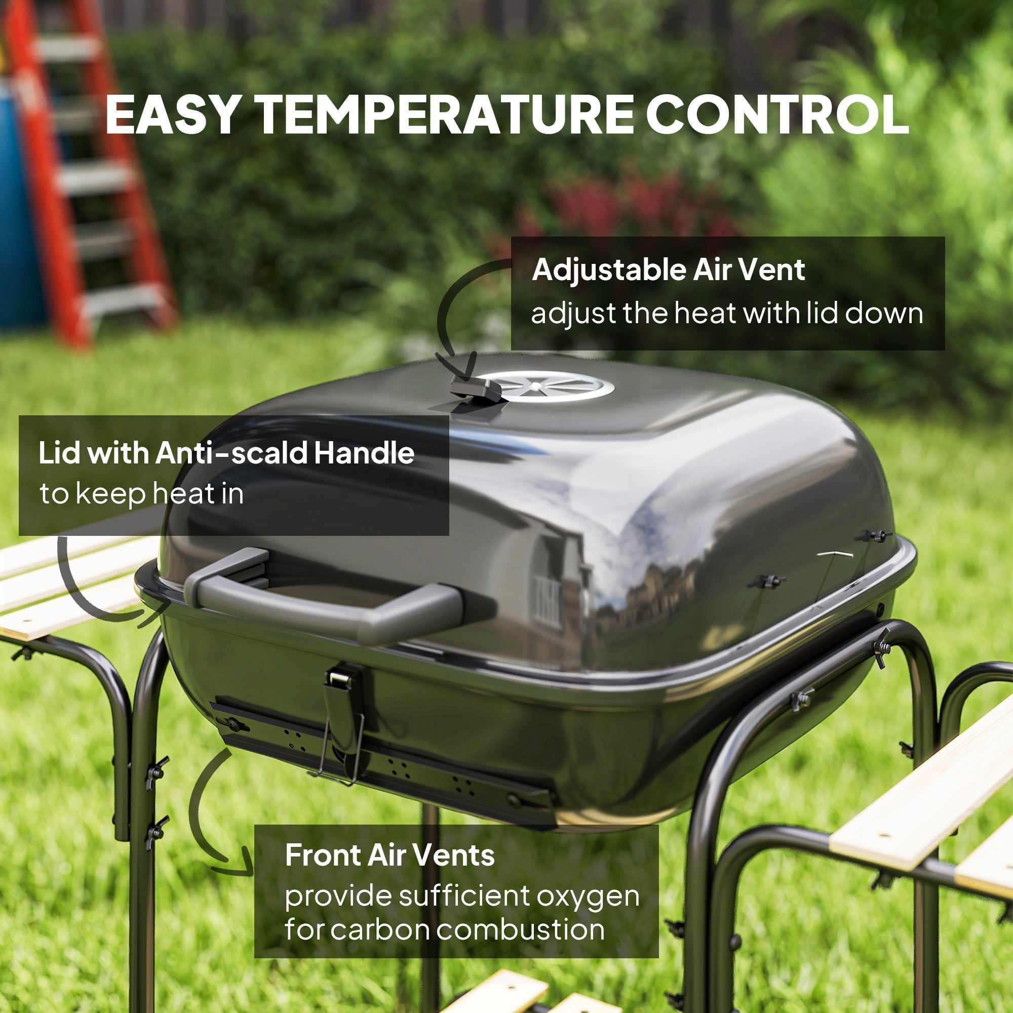 Outsunny Charcoal Barbecue Grill Portable BBQ Grill with 1840 cm√Ç¬≤ Cooking Area, 3 Shelves, Adjustable Vent, Lockable Lid, Wheels for Outdoor Cooking, Garden Party, Black