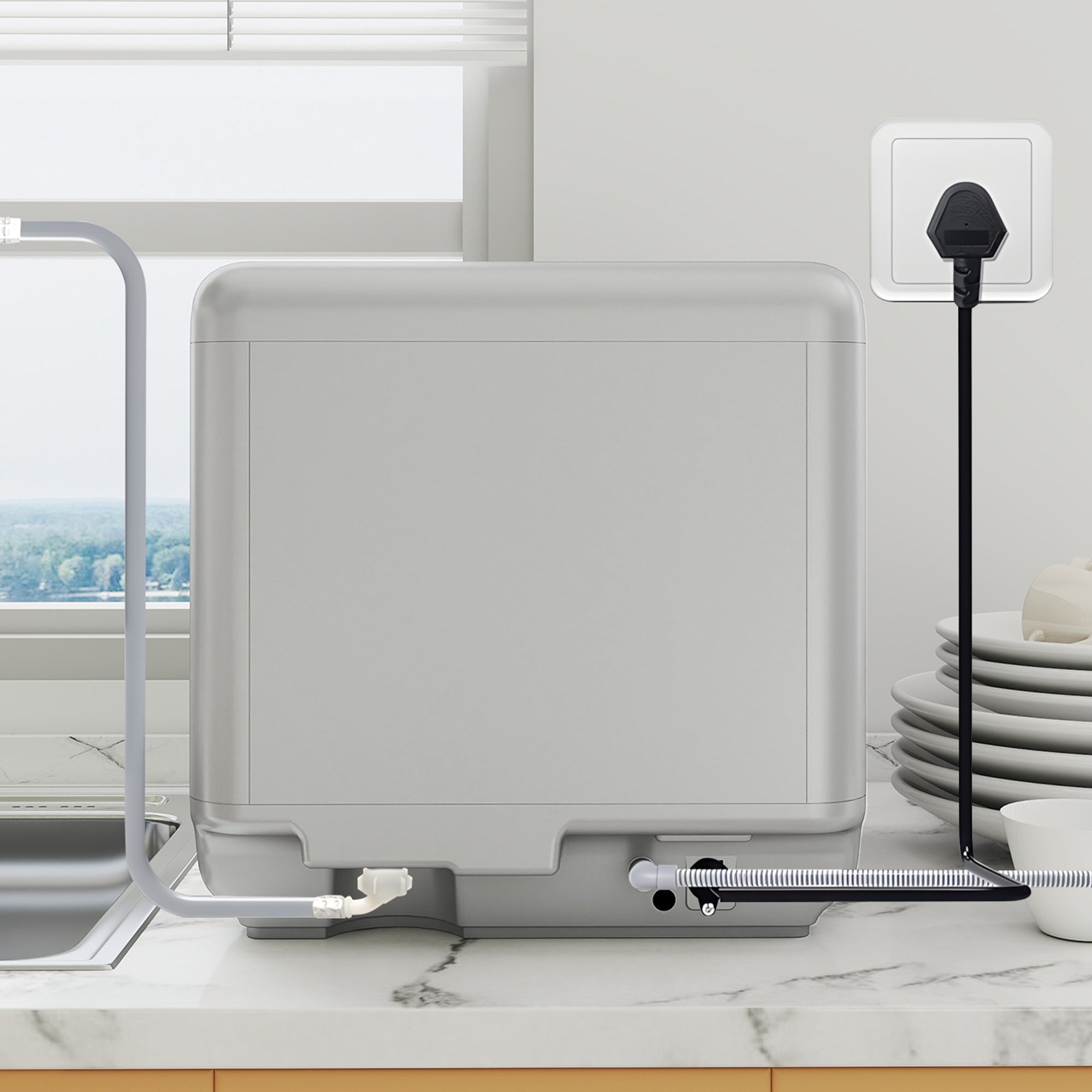 HOMCOM Table Top Dishwasher with Built-in 6L Water Tank, Mini Countertop Dishwasher with 6 Programs, 4 Place Settings, Silver Tone